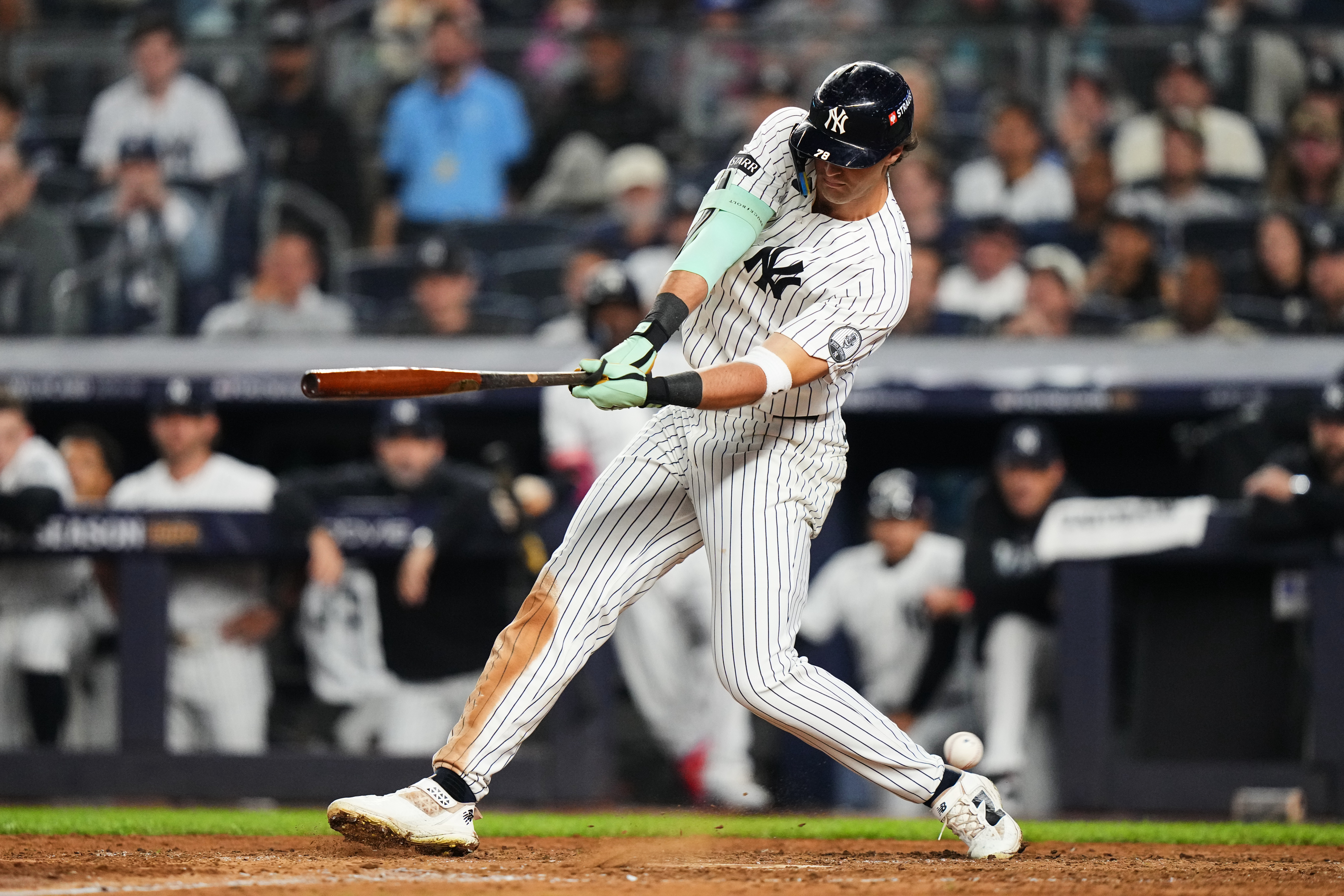 New York Yankees' Spencer Jones strikes out on a wild pitch by Boston Red Sox' Garrett Crochet during the sixth inning in Game 2 of baseball's American League Wild Card Series Wednesday, Sept. 30, 2026, in New York. 