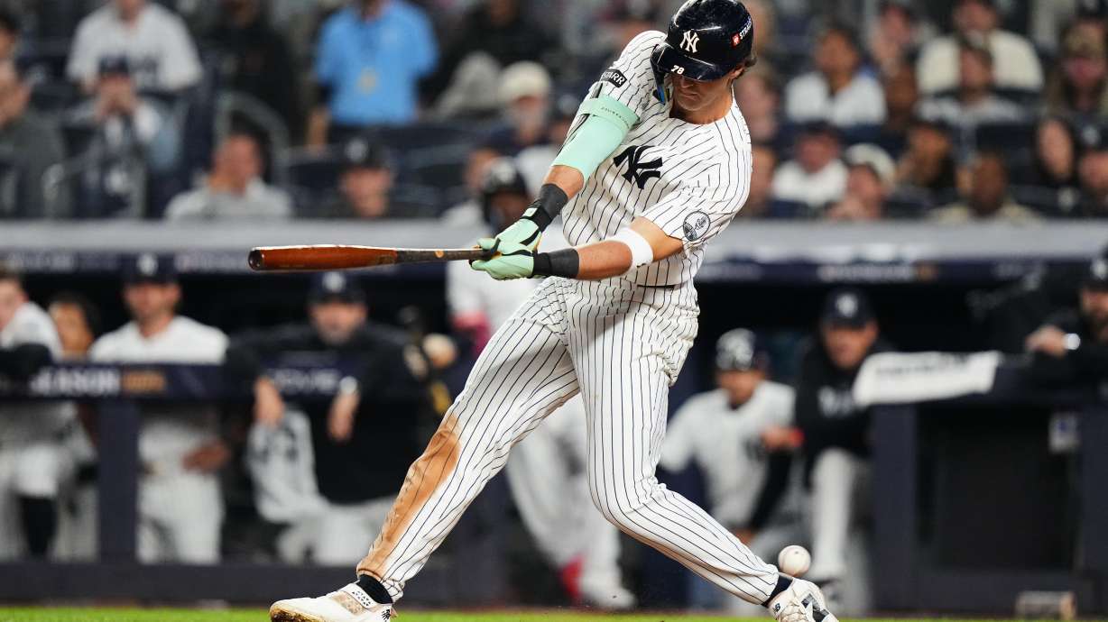 New York Yankees' Spencer Jones strikes out on a wild pitch by Boston Red Sox' Garrett Crochet during the sixth inning in Game 2 of baseball's American League Wild Card Series Wednesday, Sept. 30, 2026, in New York.