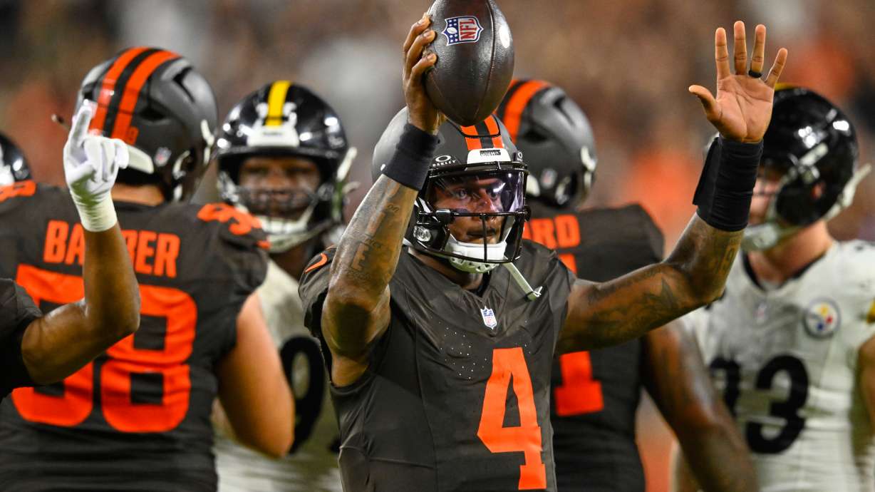 Cleveland Browns quarterback Deshaun Watson celebrates after their win against the Pittsburgh Steelers in an NFL football game in Cleveland, Thursday, Oct. 1, 2026.