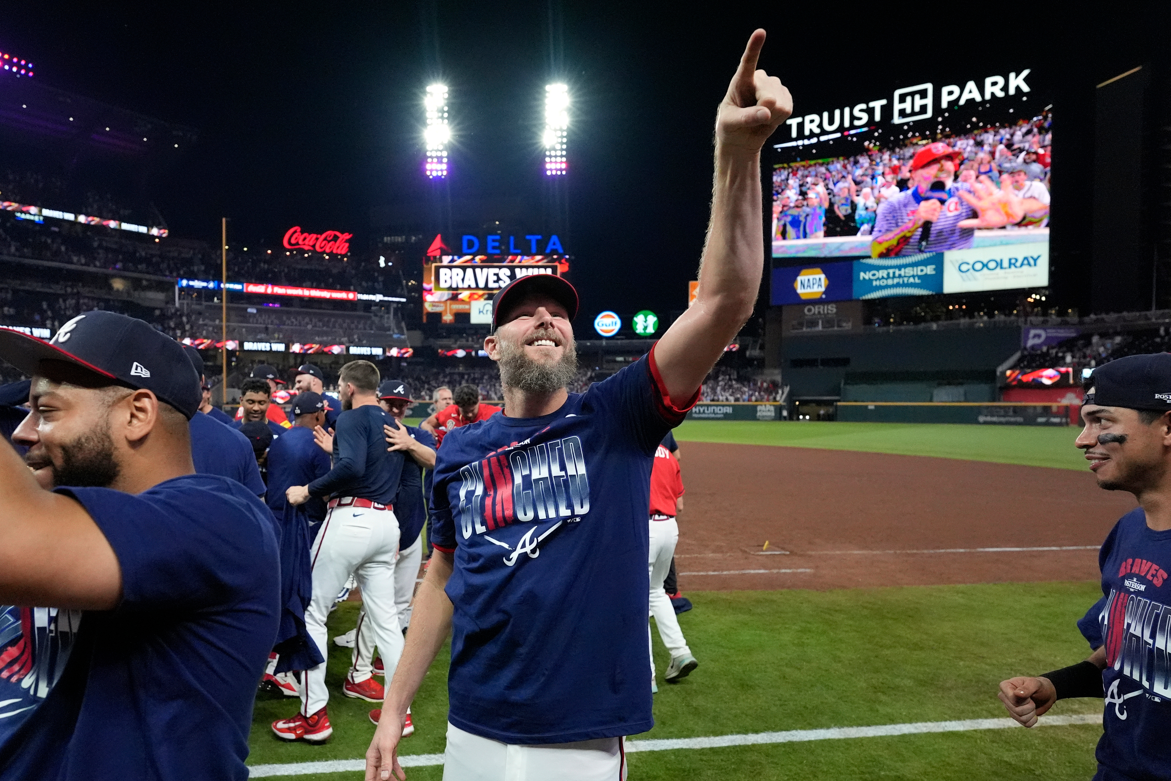 Atlanta Braves pitcher Chris Sale points ot the crowd after Game 3 of baseball's NL Wild Card Series against the Philadelphia Phillies, Thursday, Oct. 1, 2026, in Atlanta. 