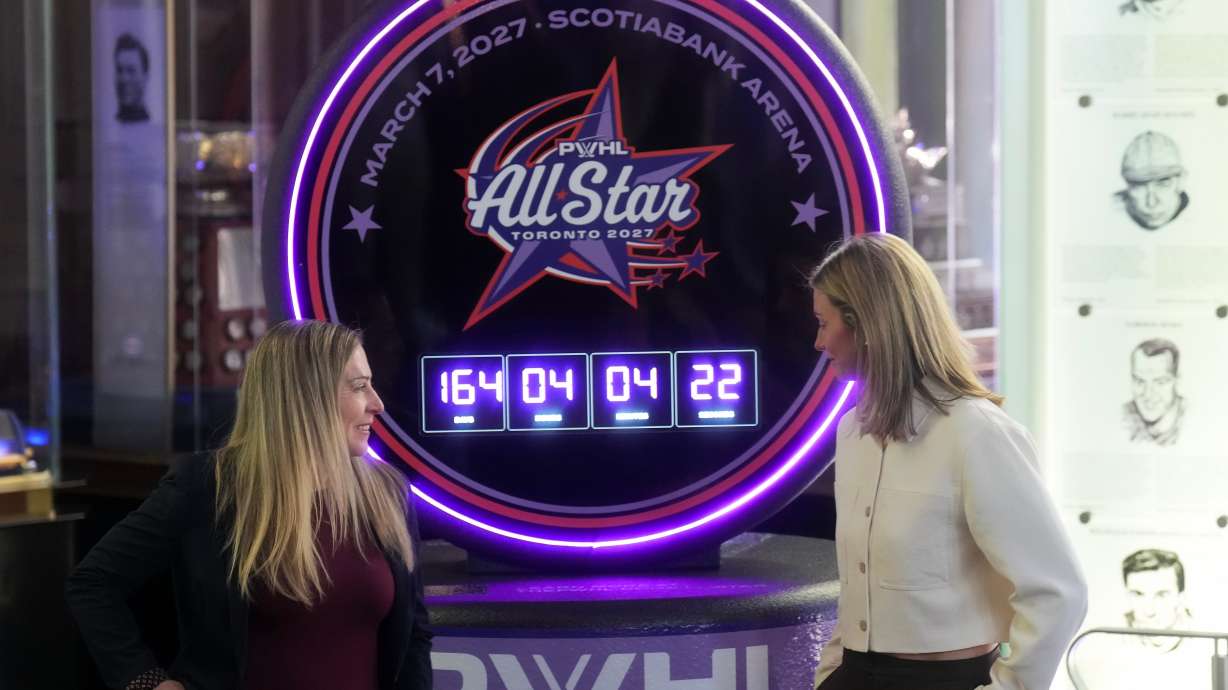 Jayna Hefford, left, Executive Vice President of Hockey Operations for the PWHL, and Laura Stacey, PWHL Players Association President talk as they announce the first ever PWHL All-Star Game, which will take place in Toronto next year, during a press conference in Toronto, Thursday, Sept. 24, 2026.