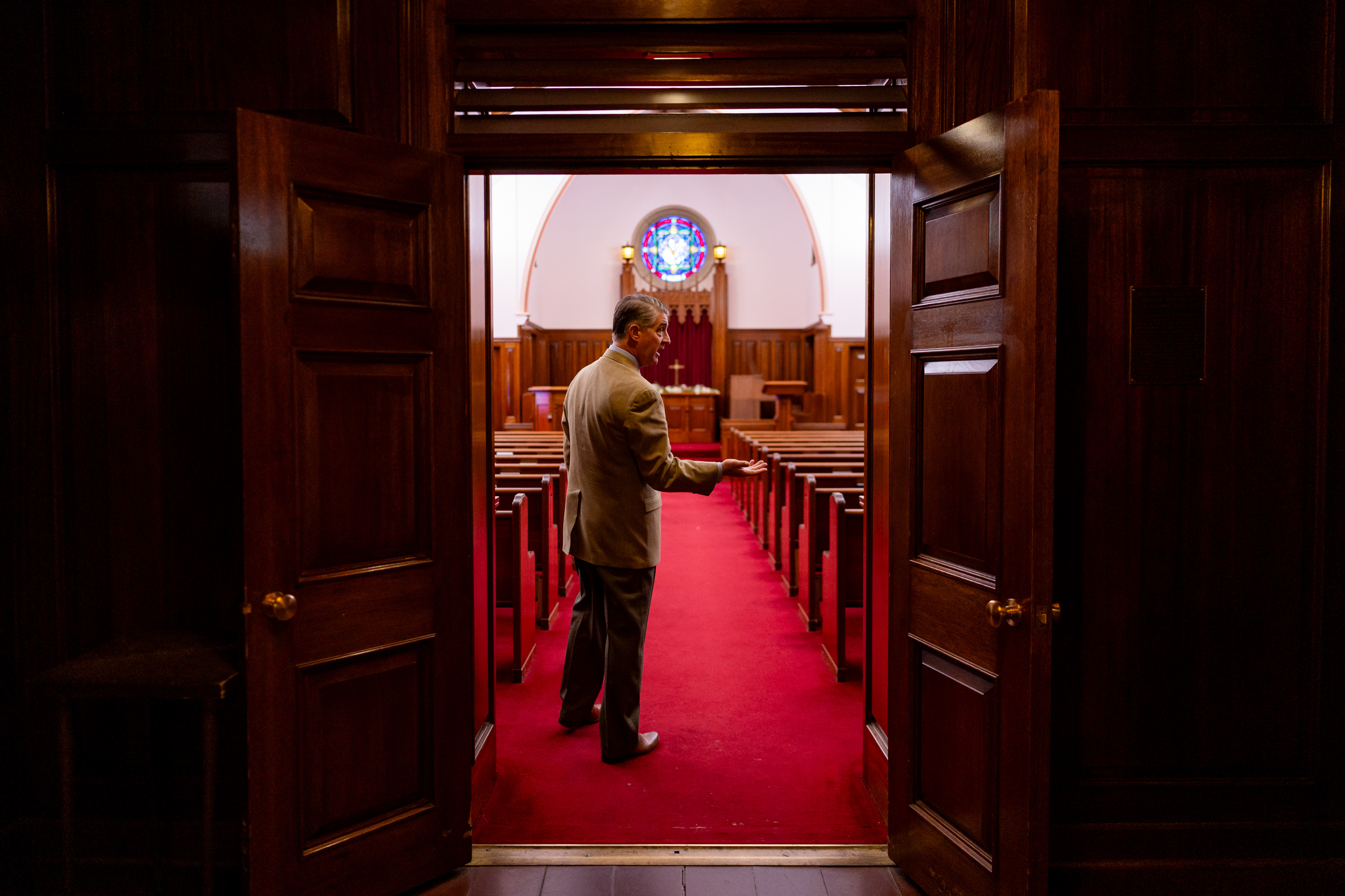 Pastor Curtis L. Price stands in Skaggs Chapel at First Baptist Church in Salt Lake City on Tuesday.