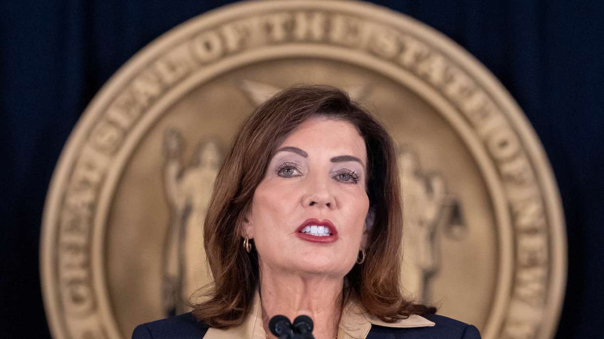New York Gov. Kathy Hochul speaks during a news conference, Friday, in New York. Hochul said the woman who accused members of a Cornell fraternity of gang rape was "failed" by people obligated to protect her.