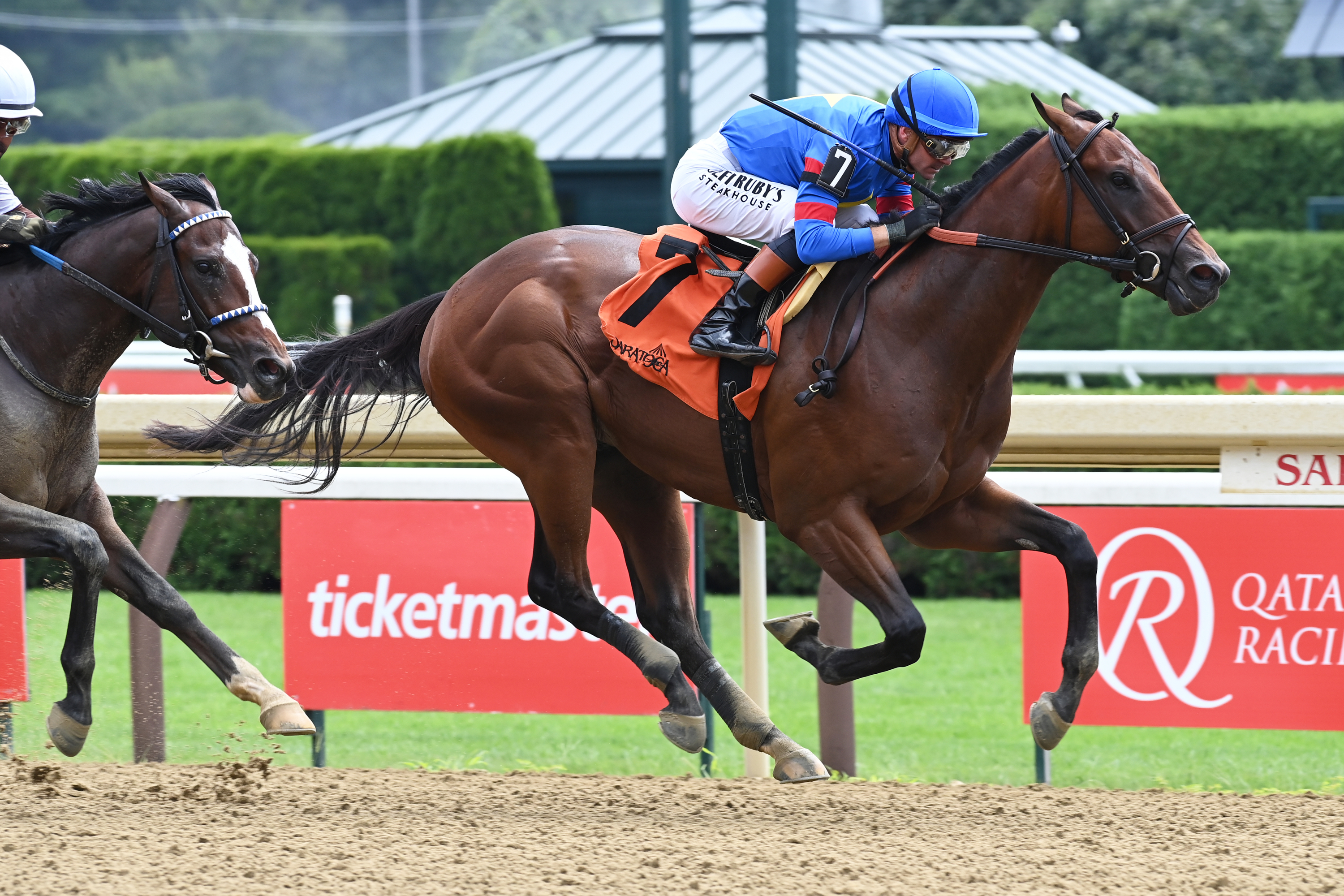 In this photo provided by the New York Racing Association, Gaudreau, a horse named after late NHL player Johnny Gaudreau, wins his first race, with jockey Flavien Prat aboard, at Saratoga Race Course in Saratoga Springs, New York, on Aug. 8, 2026. 