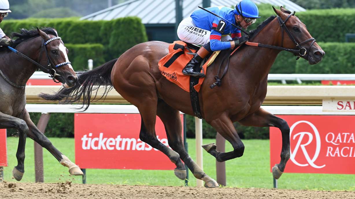 In this photo provided by the New York Racing Association, Gaudreau, a horse named after late NHL player Johnny Gaudreau, wins his first race, with jockey Flavien Prat aboard, at Saratoga Race Course in Saratoga Springs, New York, on Aug. 8, 2026.