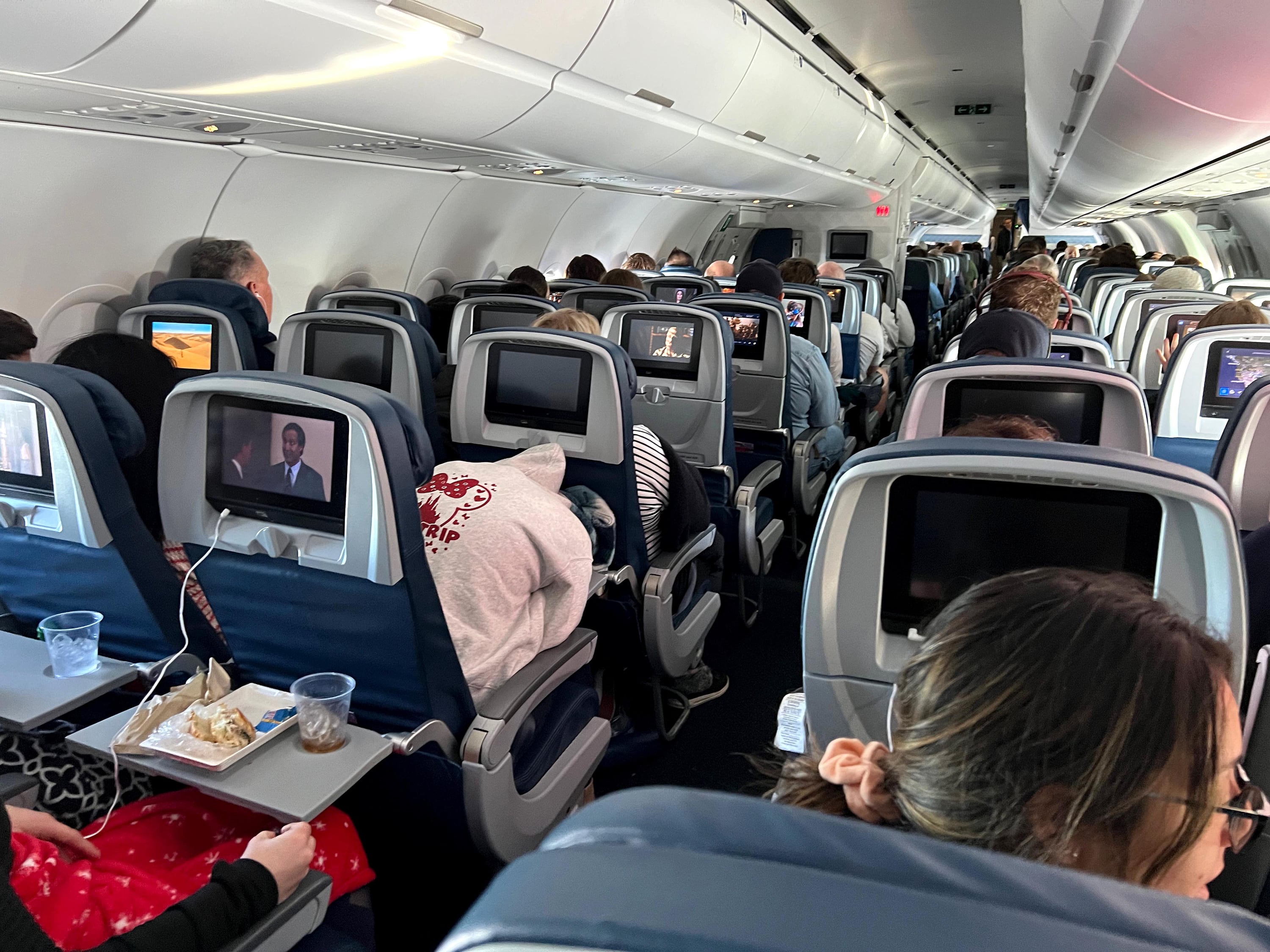 An interior photo of a Delta Air Lines plane traveling from Salt Lake City to Orlando, Fla., on Dec. 15, 2023.