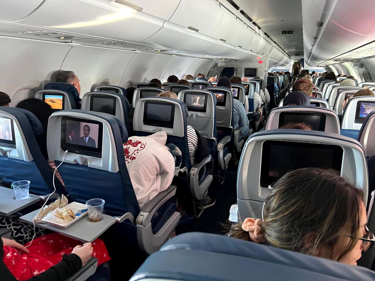 An interior photo of a Delta Air Lines plane traveling from Salt Lake City to Orlando, Fla., on Dec. 15, 2023.