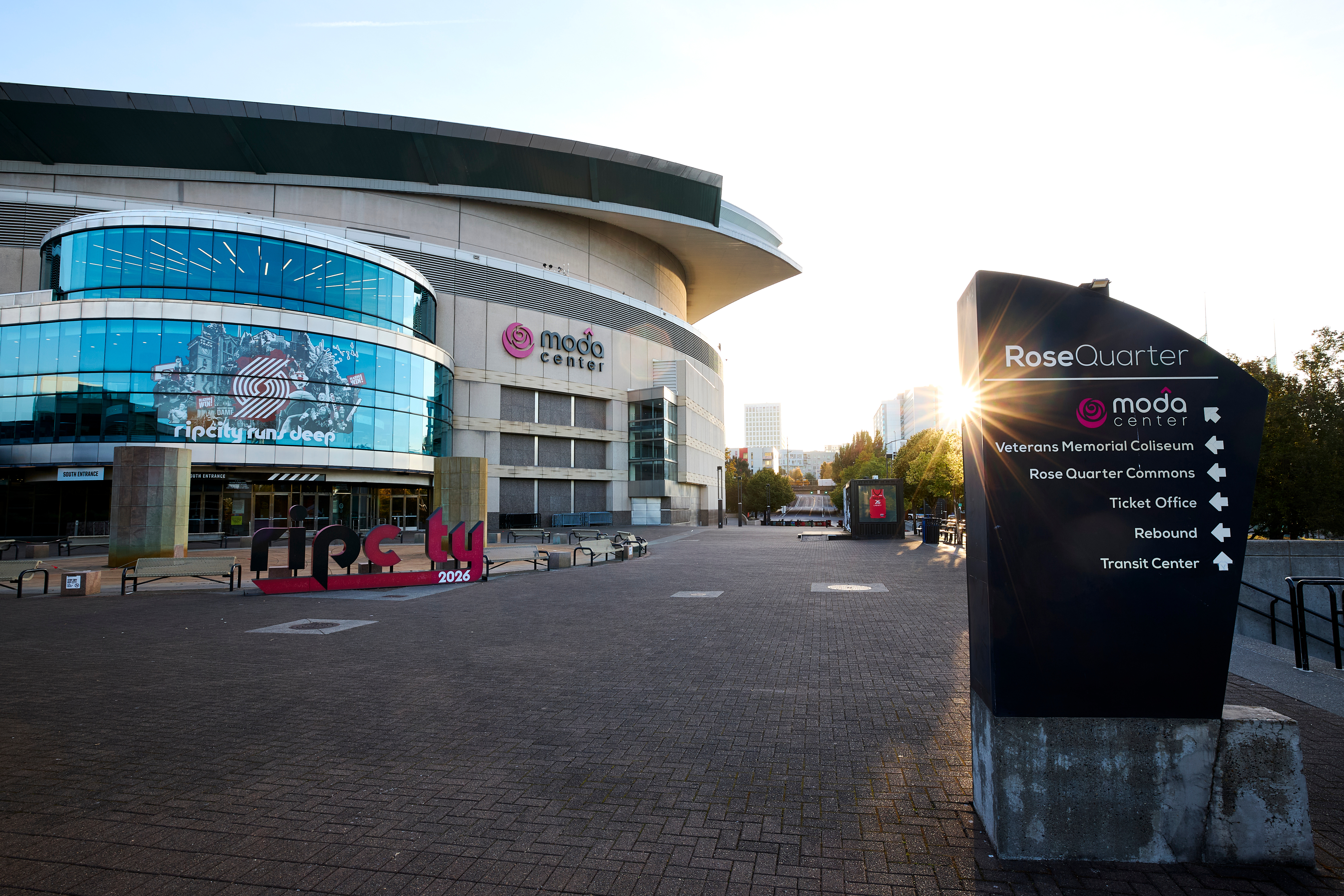 The Moda Center, home of the Portland Trail Blazers, is seen before the NBA basketball team's media day in Portland, Ore., Monday, Sept. 28, 2026. 