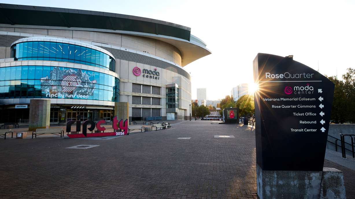 The Moda Center, home of the Portland Trail Blazers, is seen before the NBA basketball team's media day in Portland, Ore., Monday, Sept. 28, 2026.