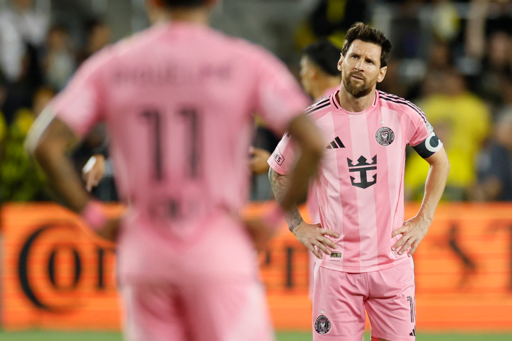Inter Miami's Lionel Messi, right, reacts after a Columbus Crew goal during the second half of an MLS soccer match, Sunday, Sept. 27, 2026, in Columbus, Ohio. 