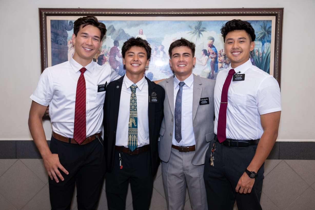 Jaden Grunkemeier, Anthony Eav, Ethan Nielsen and Alain Eav Jr. during their missionary service in Cambodia.