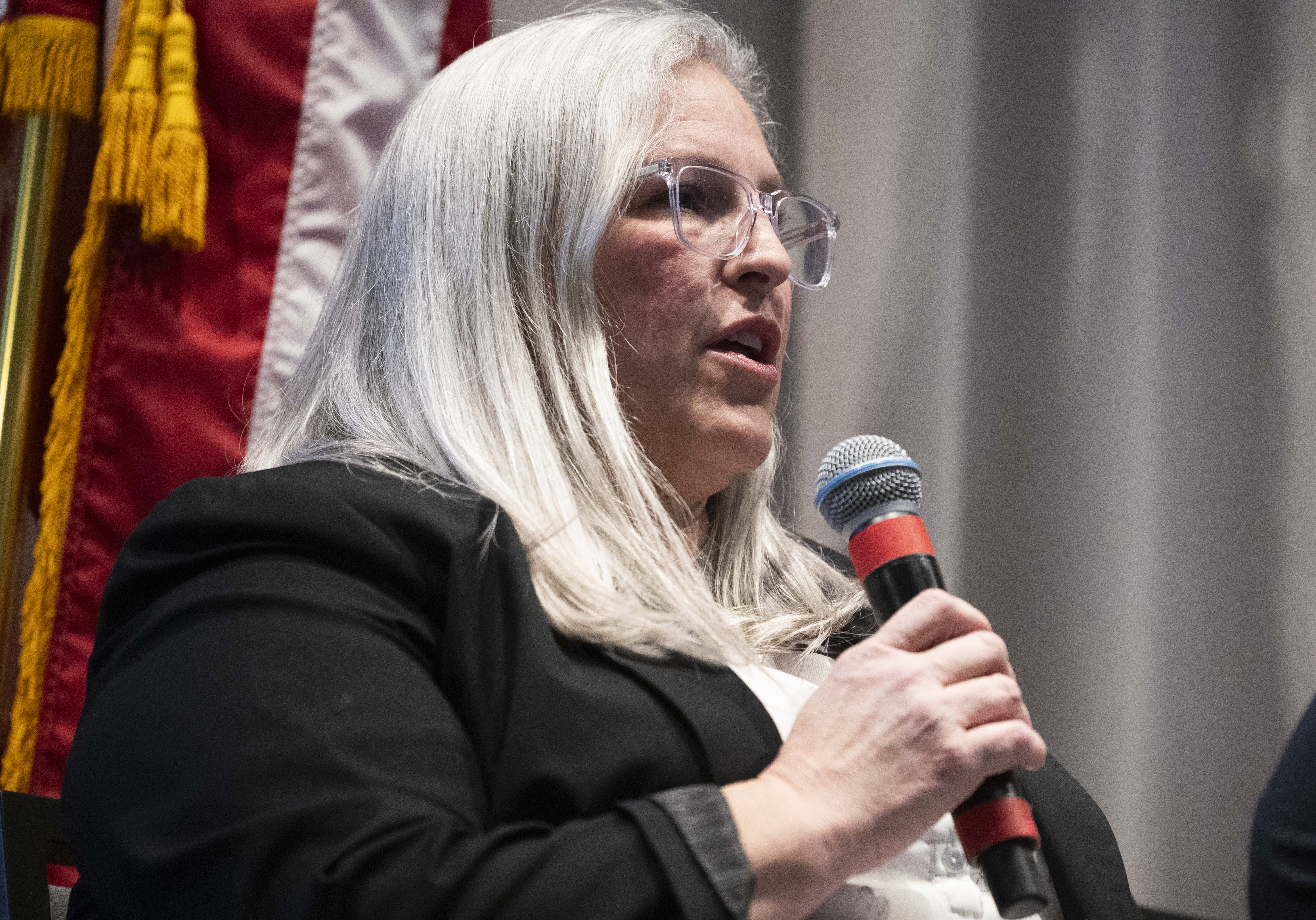Emy Lesofski, energy advisor and director of the Utah Office of Energy Development, speaks on a panel during The Advanced Reactors Summit XII and Technology Trailblazers Showcase held by the U.S. Nuclear Industry Council at the Hyatt Regency Salt Lake City in Salt Lake City on Wednesday, Feb. 19, 2025.