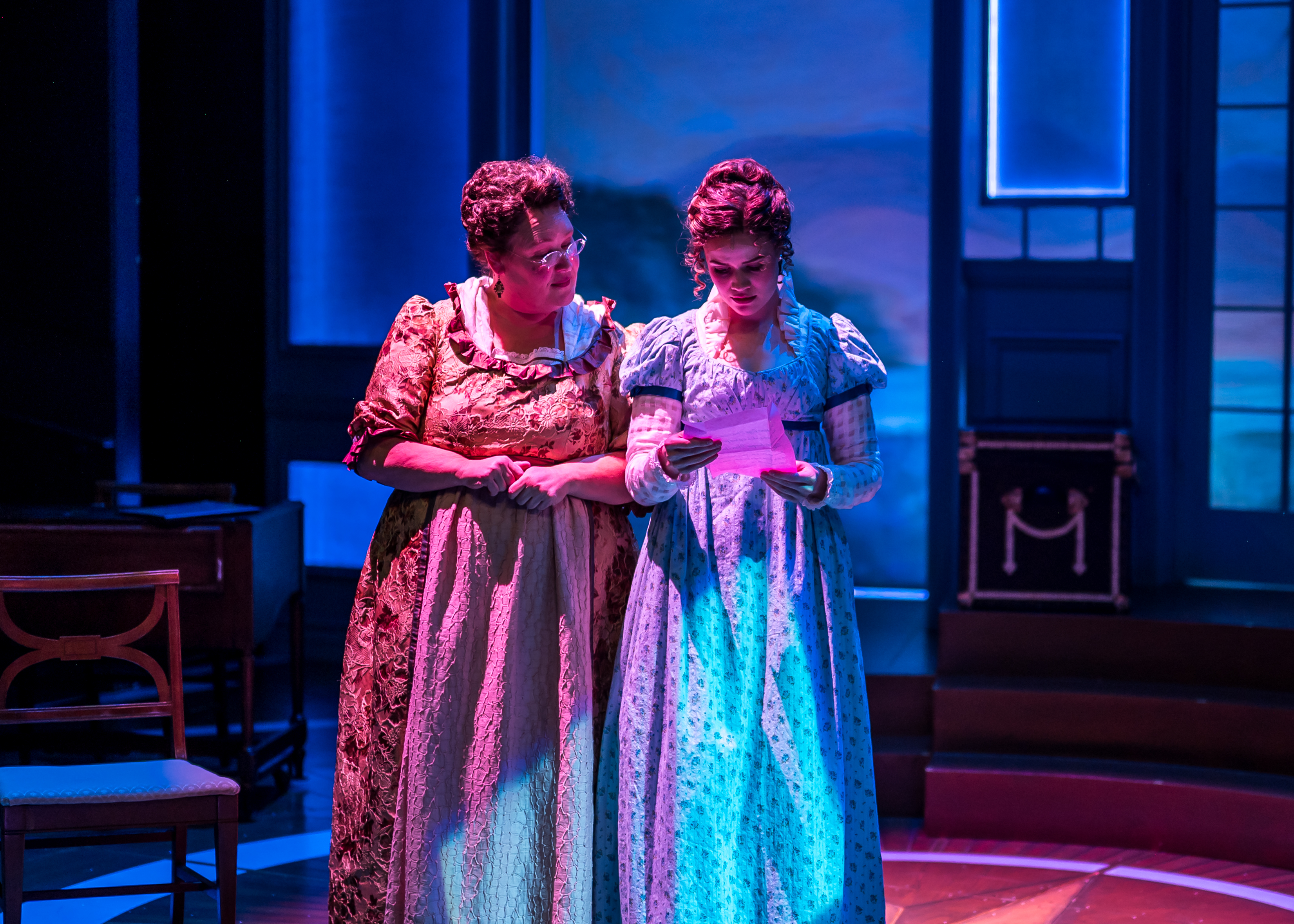 Anne Post Fife performs as Mrs. Bennet alongside Lauren Pope as Elizabeth Bennet in the Ruth and Nathan Hale Theater's production of "Pride and Prejudice."