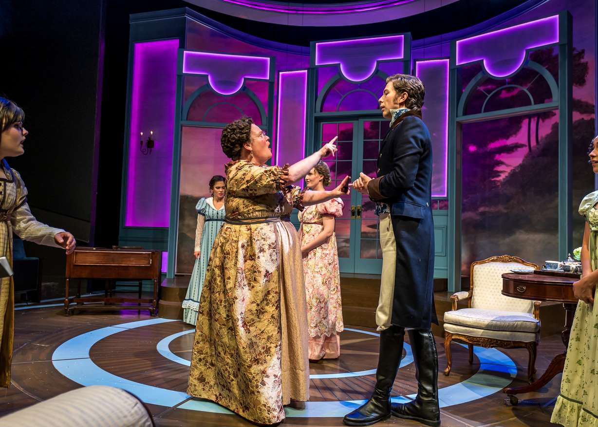 Anne Post Fife performs as Mrs. Bennet alongside James Carter as Mr. Darcy in the Ruth and Nathan Hale Theater's production of "Pride and Prejudice."