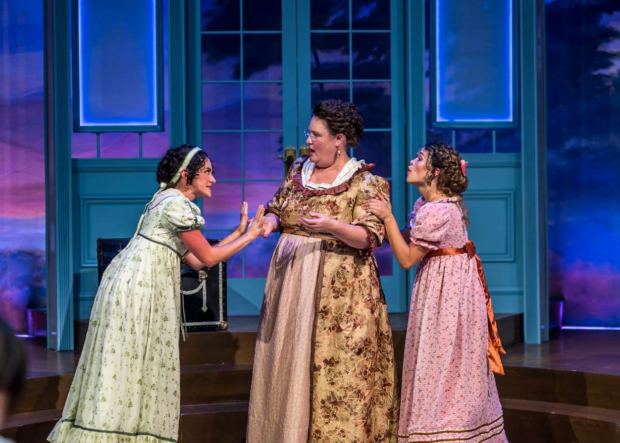 Emily Faith Thurman as Kitty Bennet, Anne Post Fife as Mrs. Bennet and Sydney Claire Olson as Lydia Bennet perform in the Ruth and Nathan Hale Theater's production of "Pride and Prejudice."