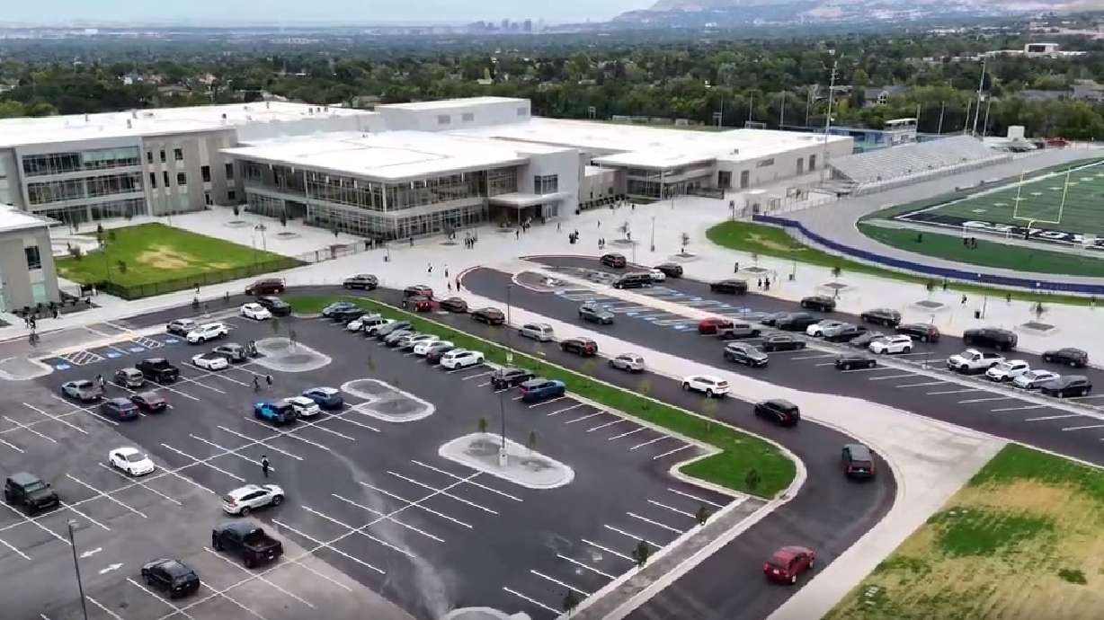 A drone shot shows an aerial view of the renovated Skyline High School. The final domino of Skyline's renovation fell Friday when the Granite School District officially opened the school's performing arts center.