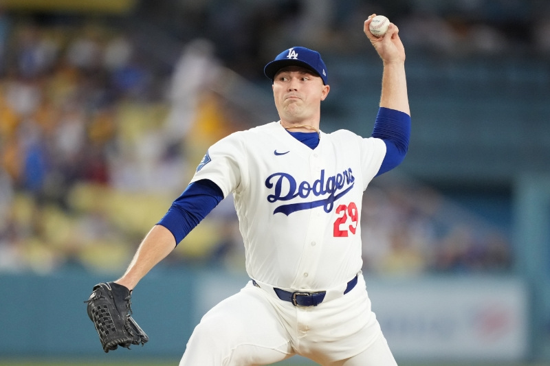 Sep 3, 2026; Los Angeles, California, USA;  Los Angeles Dodgers starting pitcher Tarik Skubal (29) throws a pitch against the St. Louis Cardinals during the first inning at Dodger Stadium.
