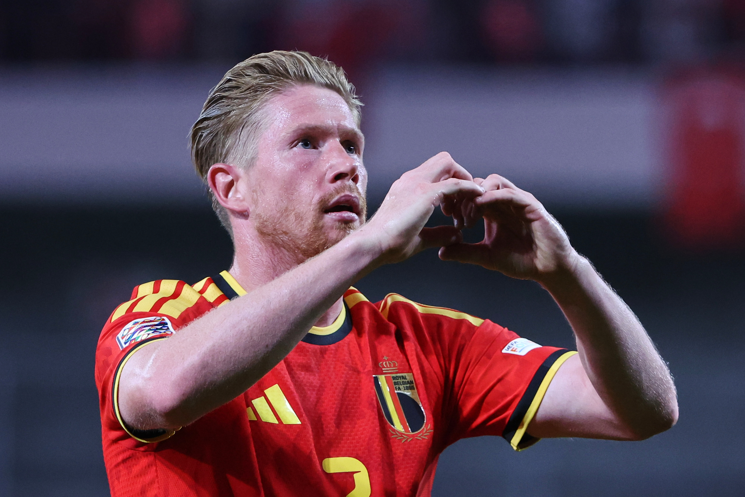 Belgium's Kevin De Bruyne celebrates after scoring his side's second goal during the Nations League soccer match between Belgium and Turkey in Liege, Belgium, Friday, Oct. 2, 2026. 