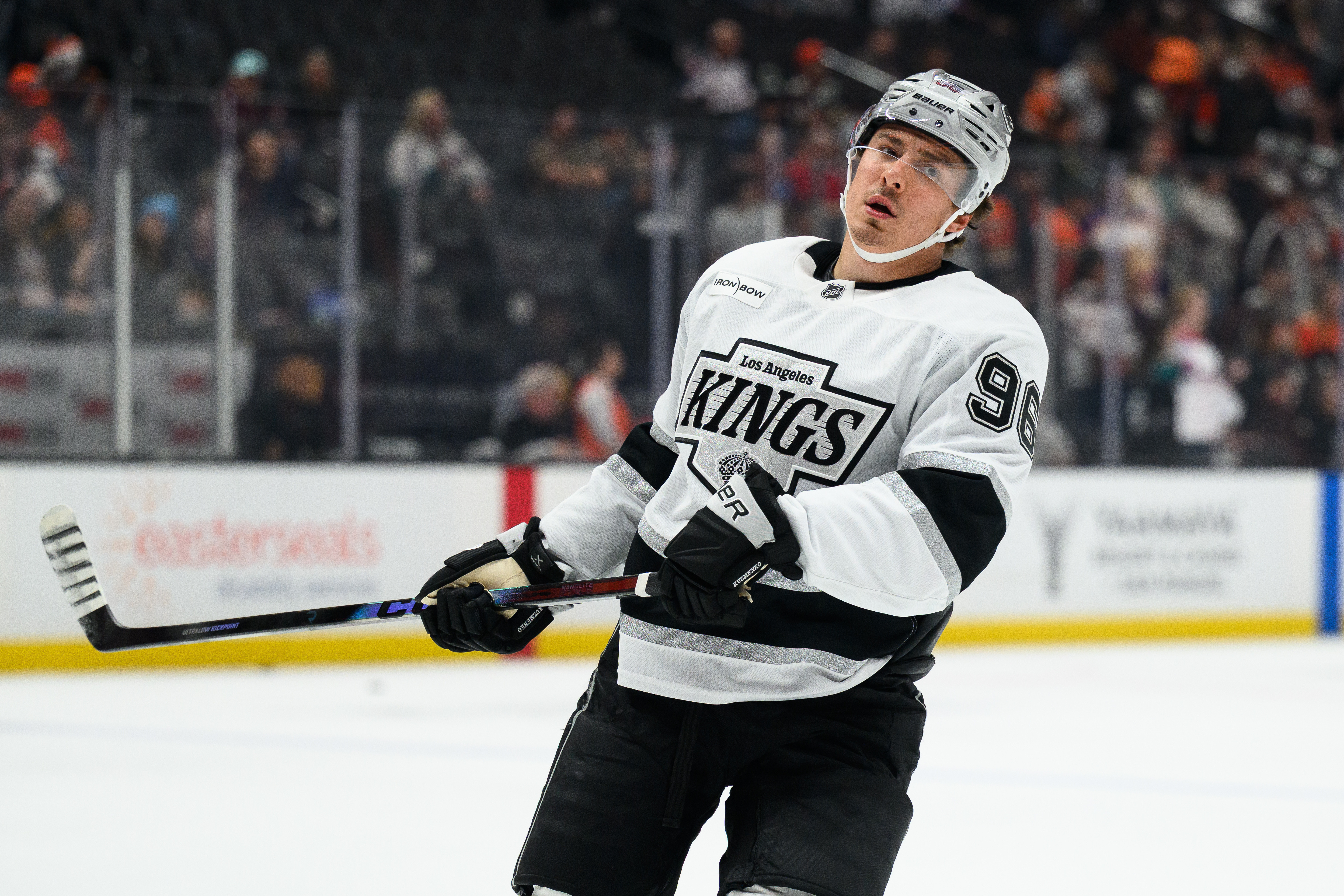 FILE - Los Angeles Kings left wing Andrei Kuzmenko skates before an NHL hockey game against the Anaheim Ducks, Nov. 28, 2025, in Anaheim, Calif. 