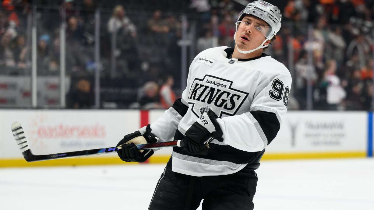 FILE - Los Angeles Kings left wing Andrei Kuzmenko skates before an NHL hockey game against the Anaheim Ducks, Nov. 28, 2025, in Anaheim, Calif.