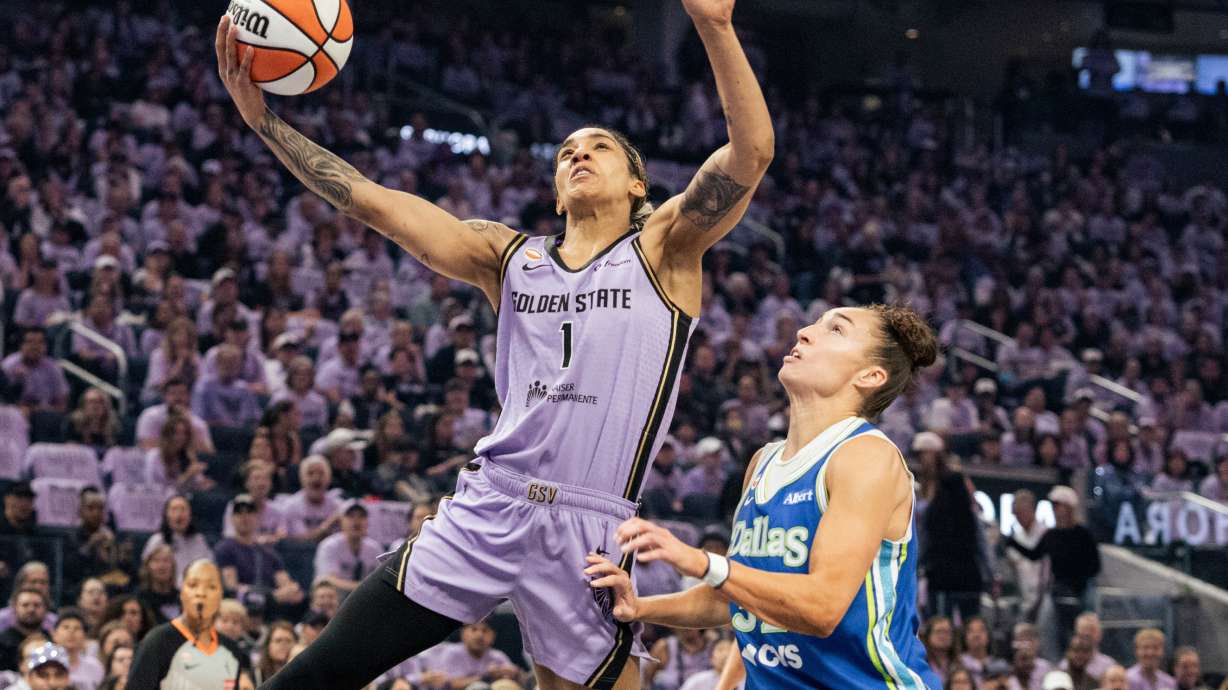Golden State Valkyries forward Gabby Williams (1) drives for a layup against the Dallas Wings during the first quarter of Game 3 of a WNBA basketball first-round playoff series Friday, Oct. 2, 2026, in San Francisco.