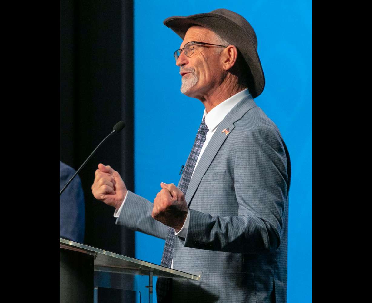 Kent Udell, Democratic candidate for Congress in Utah's third district, speaks during a debate on Friday.