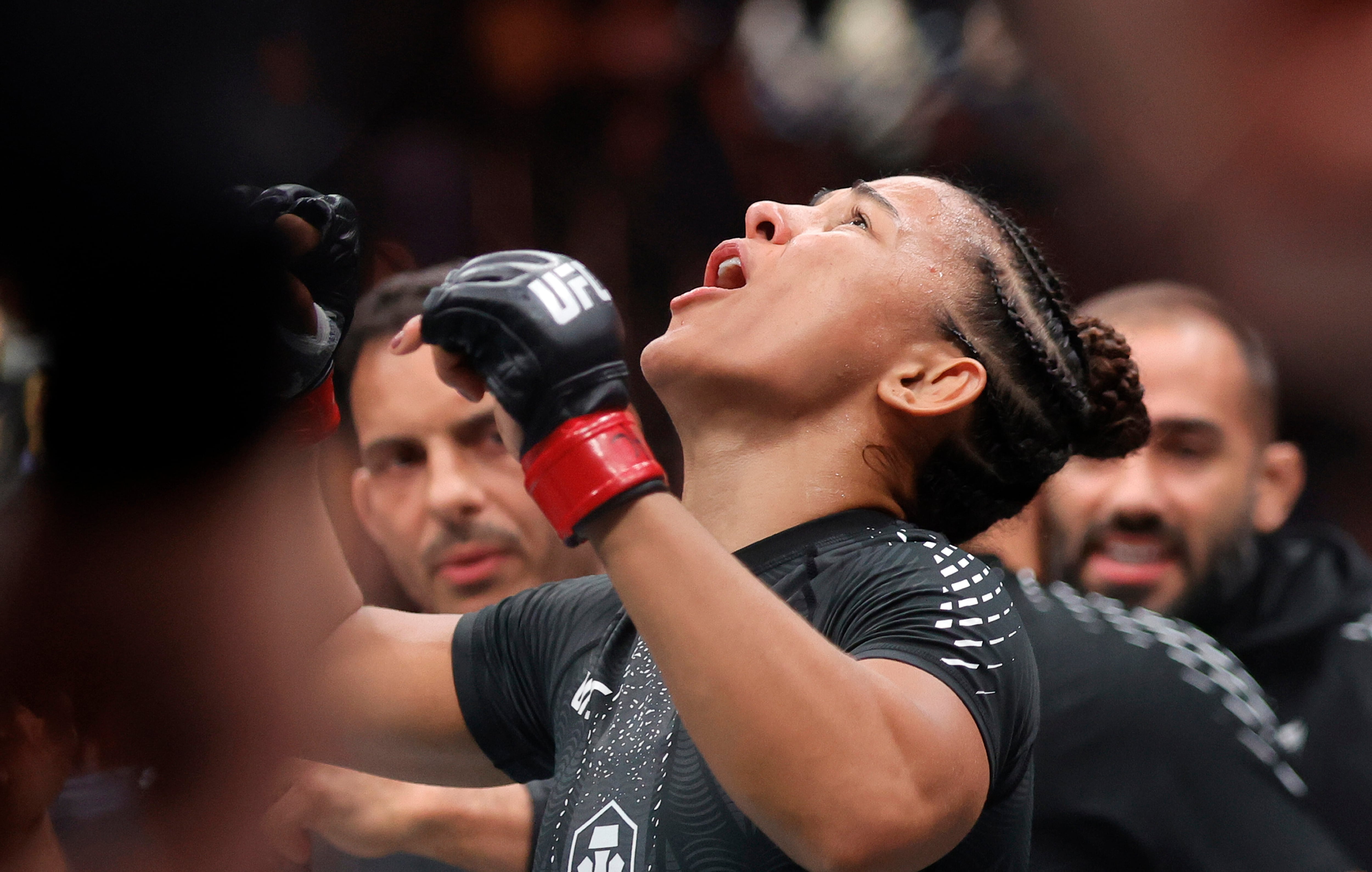 Natalia Silva reacts after she is declared the winner over Rose Namajunas in a women's flyweight bout during the UFC 324 mixed martial arts event Jan. 24, in Las Vegas.