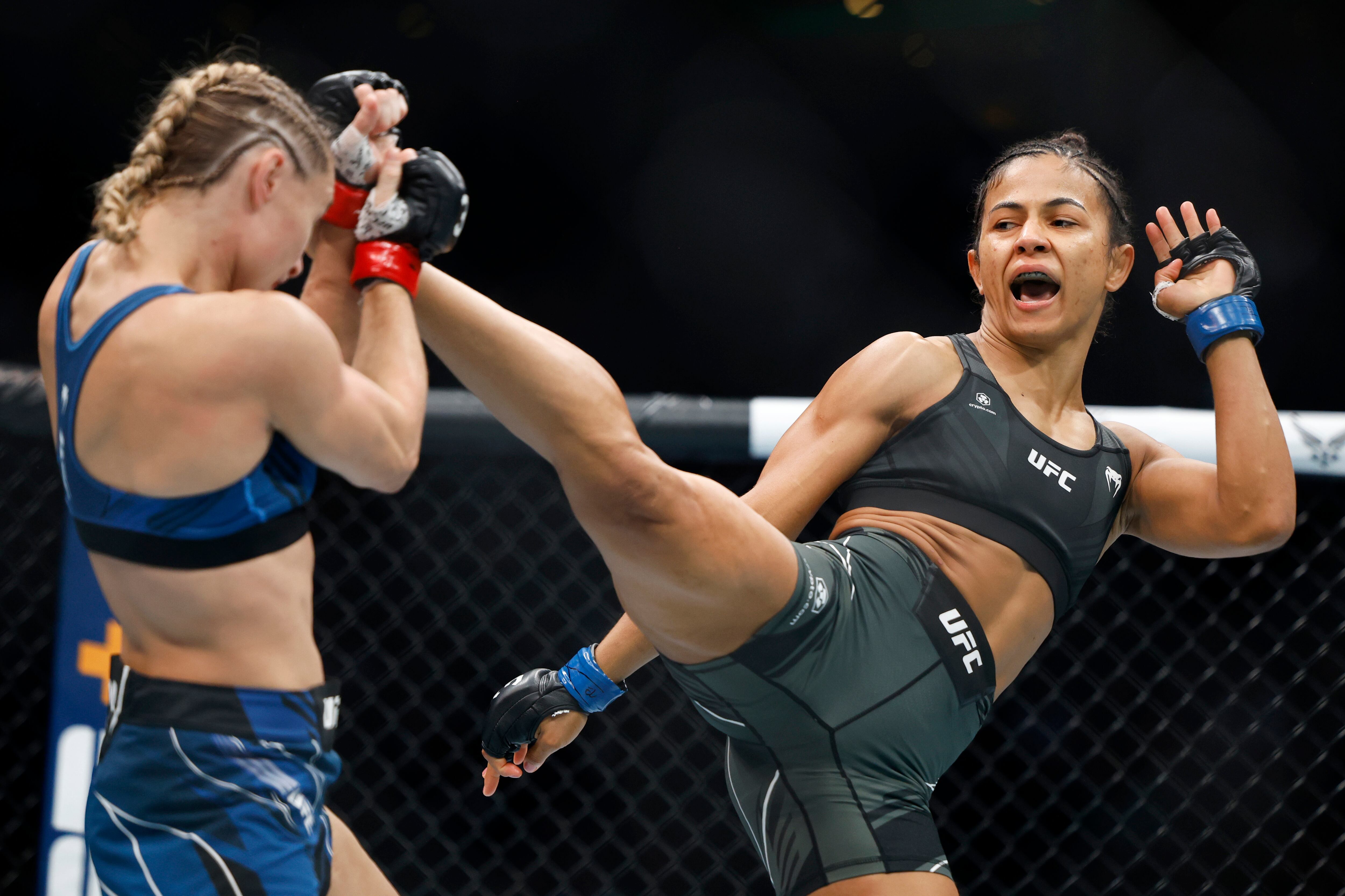 Natalia Silva lands a kick against Andrea Lee during a UFC 292 mixed martial arts fight, Aug. 19, 2023, in Boston. Silva won via unanimous decision.