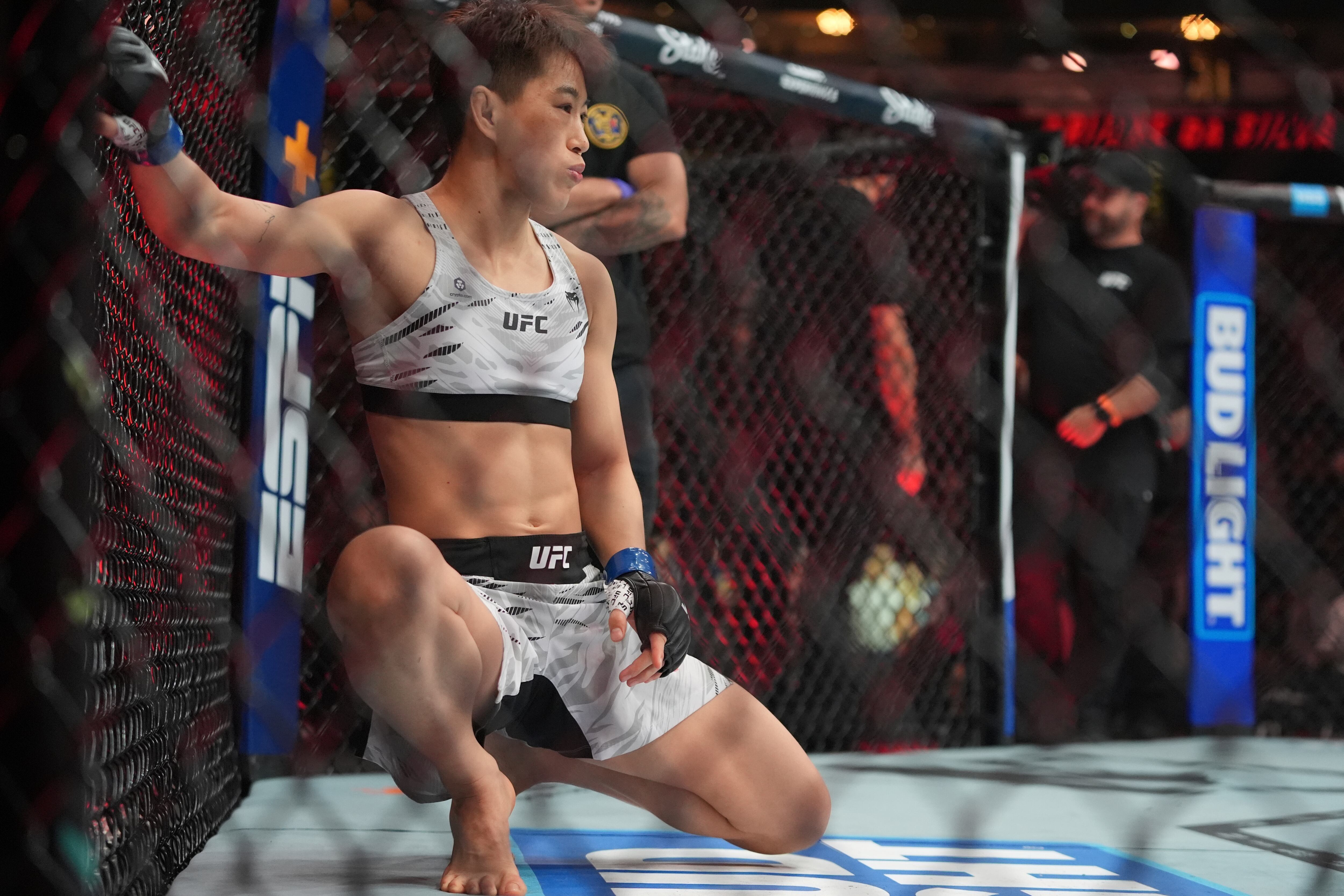 China's Wang Cong before a women's flyweight bout against Brazil's Ariane da Silva at the UFC 316 mixed martial arts event June 7, 2025, in Newark, N.J.