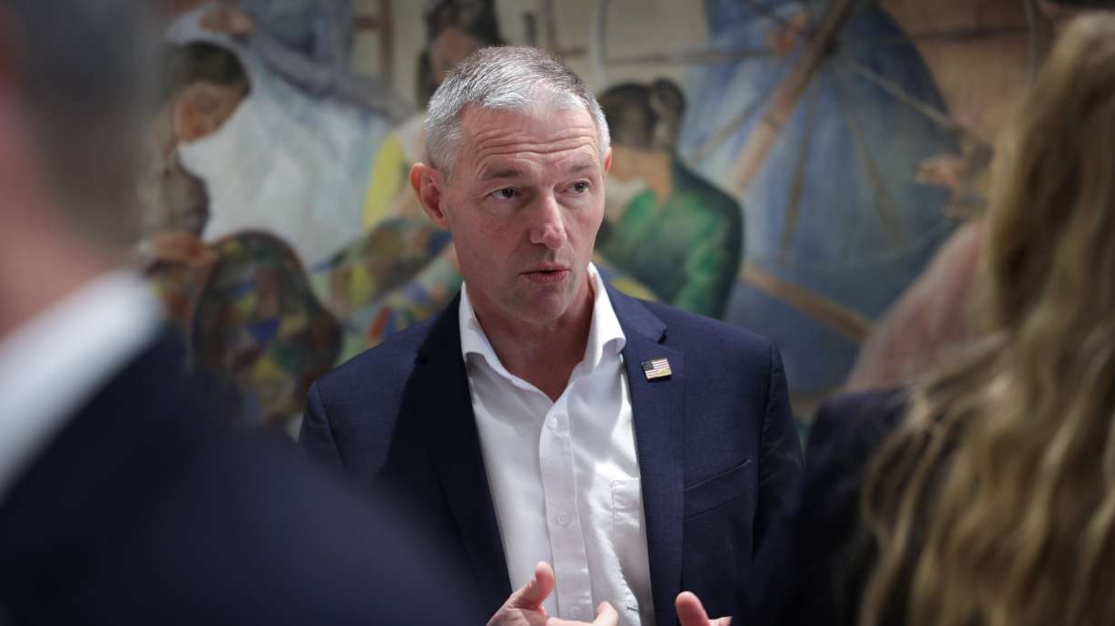 Rep. Mike Kennedy talks to others after a leadership meeting at the state Capitol, Friday, in Salt Lake City. Kennedy said the second term of President Donald Trump has been "unratable," for better or for worse.