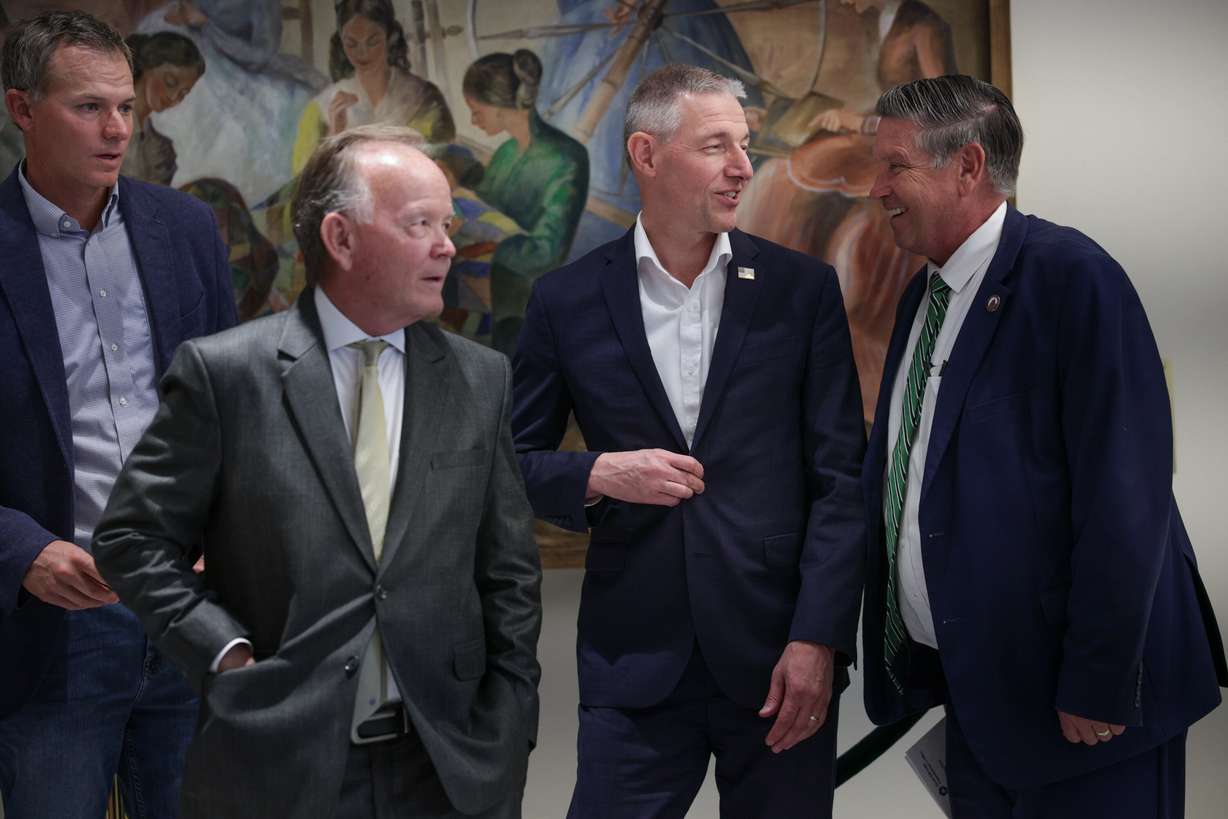 Rep. Mike Kennedy talks to others after a leadership meeting at the state Capitol, Friday, in Salt Lake City. Kennedy said President Donald Trump's second term is "unratable," for better or for worse.