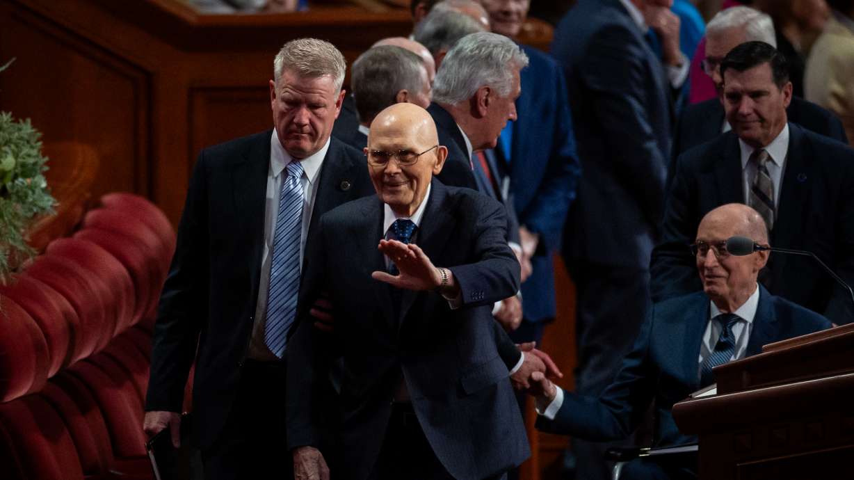 President Dallin H. Oaks of The Church of Jesus Christ of Latter-day Saints arrives at the morning session of the 196th Semiannual General Conference of The Church of Jesus Christ of Latter-day Saints at the Conference Center in Salt Lake City on Saturday.