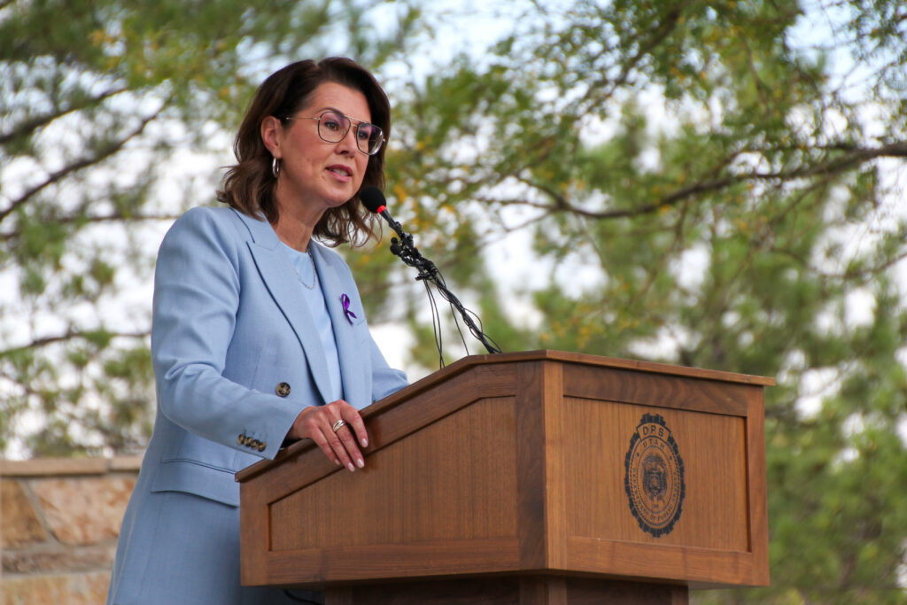 Utah Lt. Gov. Deidre Henderson speaks at a news conference announcing an online dashboard for domestic violence lethality assessment data at Veterans Memorial Park in West Jordan on Aug. 21, 2025.
