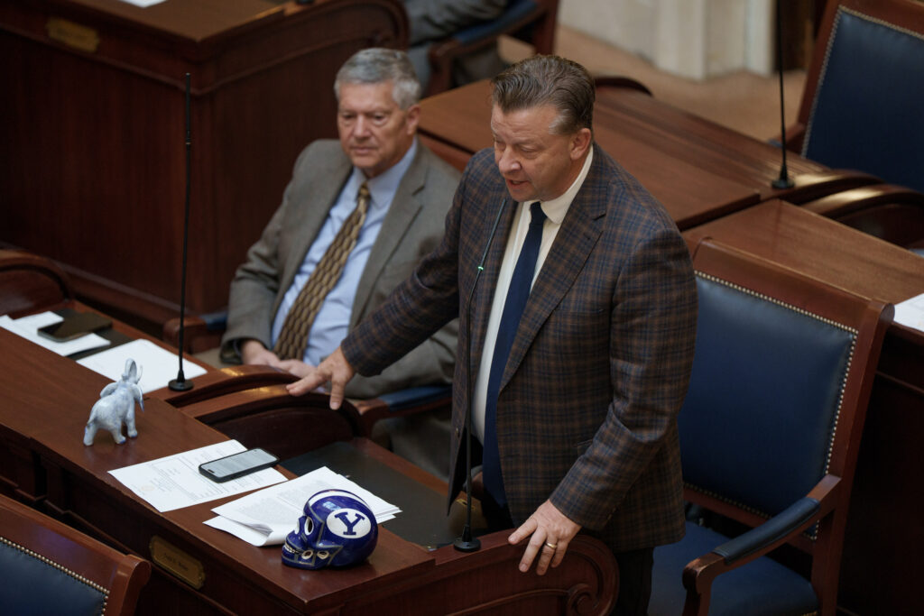 Sen. Todd Weiler, R-Woods Cross, rises in support of S.B. 1011, which would set 3 tests to assess congressional maps, in the Senate Chamber during a special legislative session at the Capitol in Salt Lake City on Oct. 6, 2025.