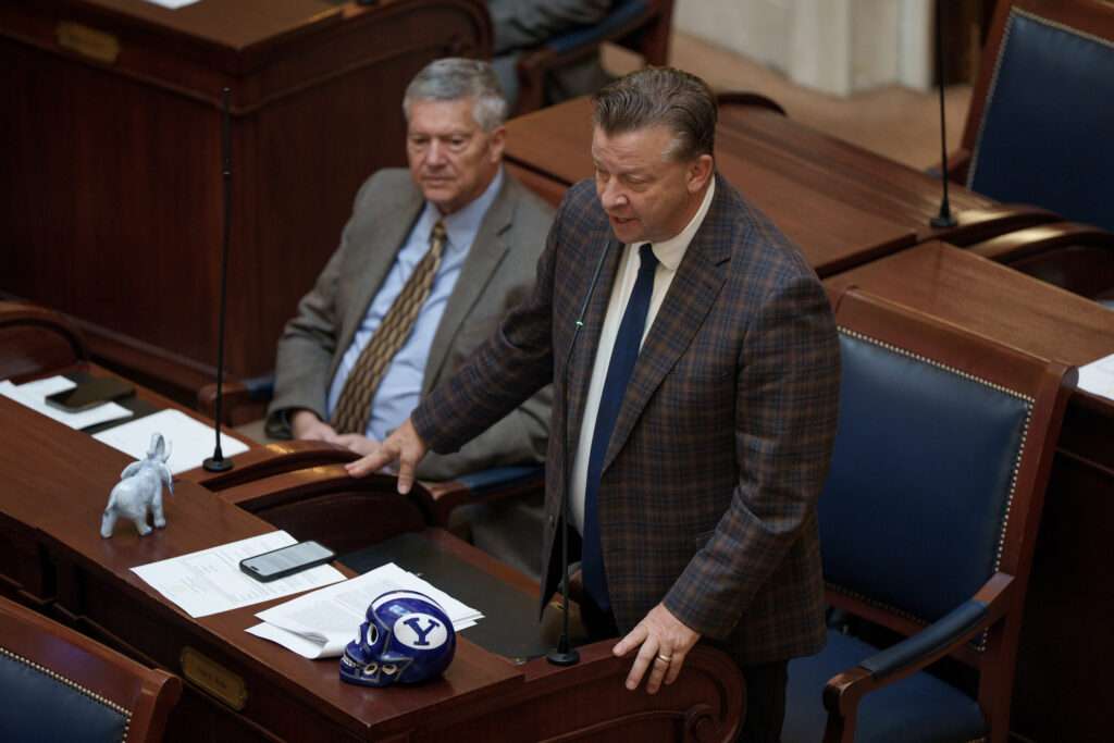 Sen. Todd Weiler, R-Woods Cross, rises in support of S.B. 1011, which would set 3 tests to assess congressional maps, in the Senate Chamber during a special legislative session at the Capitol in Salt Lake City on Oct. 6, 2025.