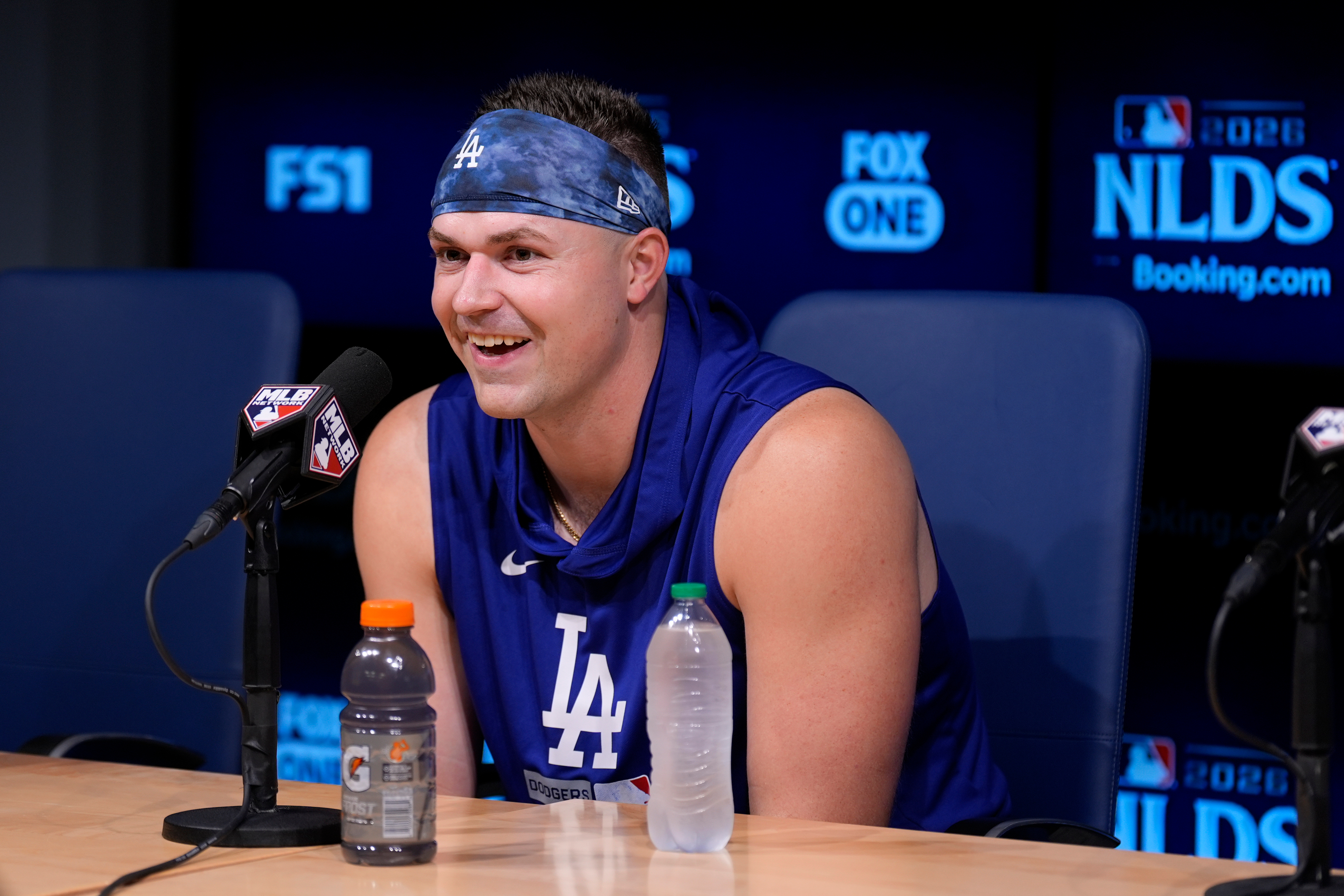 Los Angeles Dodgers pitcher Tarik Skubal speaks during a news conference ahead of a baseball NL Division Series Friday, Oct. 2, 2026, in Los Angeles. 