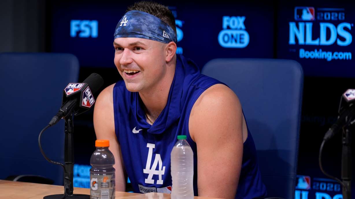 Los Angeles Dodgers pitcher Tarik Skubal speaks during a news conference ahead of a baseball NL Division Series Friday, Oct. 2, 2026, in Los Angeles.