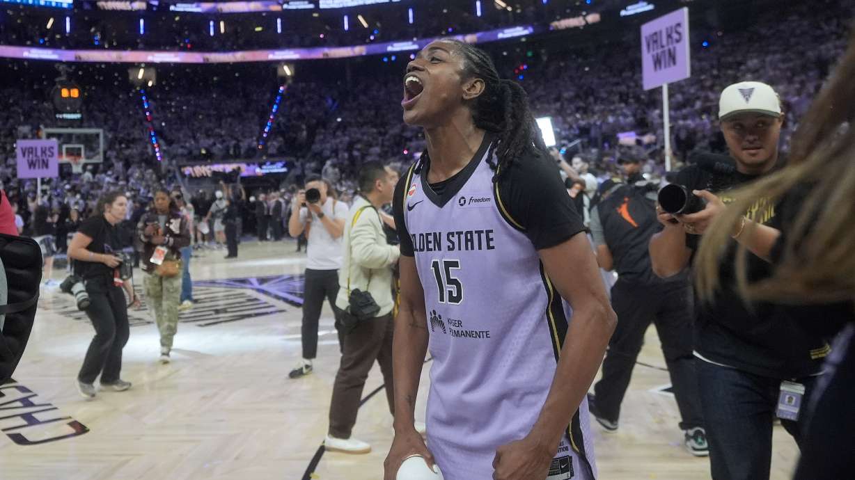 Golden State Valkyries guard Tiffany Hayes (15) celebrates after Game 3 of a WNBA basketball first-round playoff series against the Dallas Wings, Friday, Oct. 2, 2026, in San Francisco.