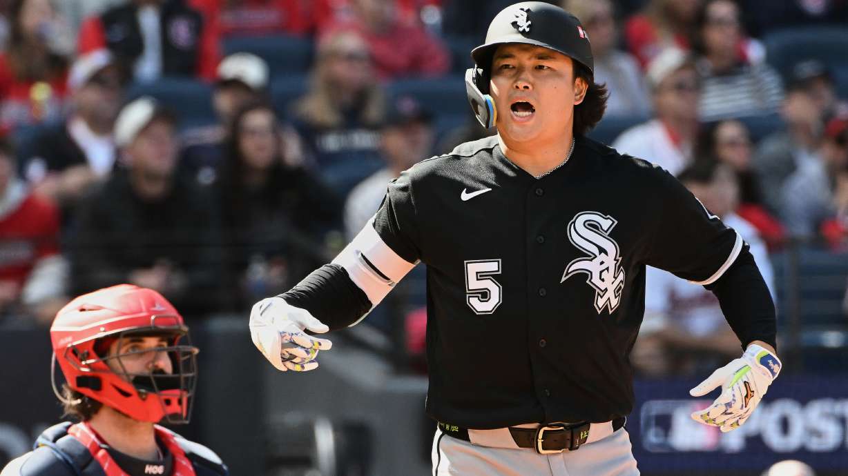 Chicago White Sox's Munetaka Murakami reacts after hitting a two-run home run against the Cleveland Guardians during the fourth inning in Game 1 of baseball's American League Division Series, Saturday, Oct. 3, 2026, in Cleveland.