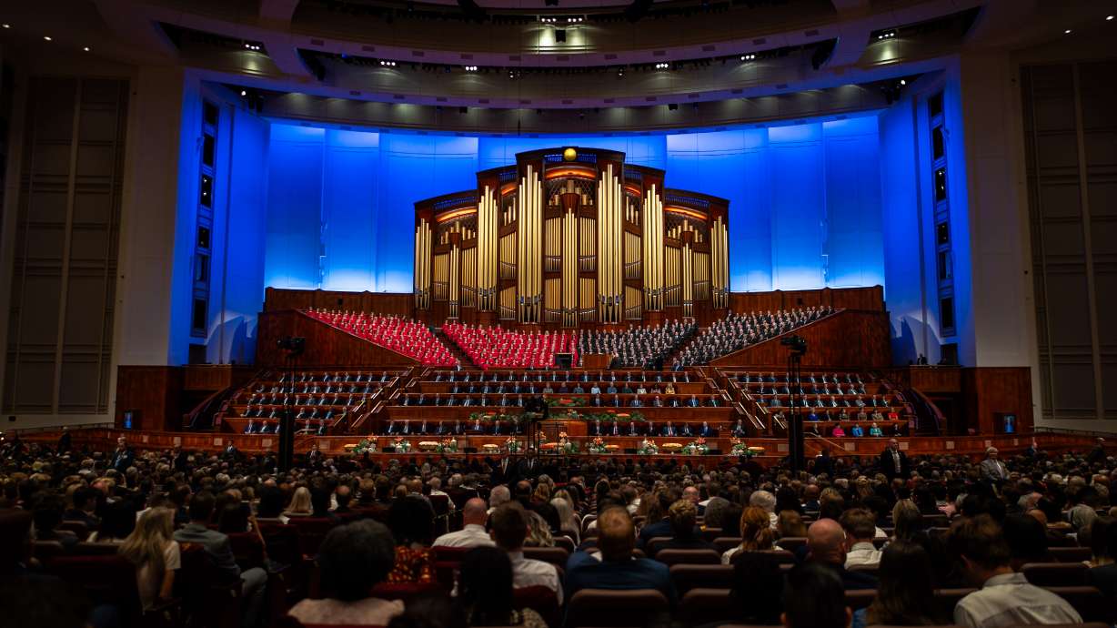 The Tabernacle Choir performs during the Saturday morning session of the 196th Semiannual General Conference of The Church of Jesus Christ of Latter-day Saints at the Conference Center in Salt Lake City.