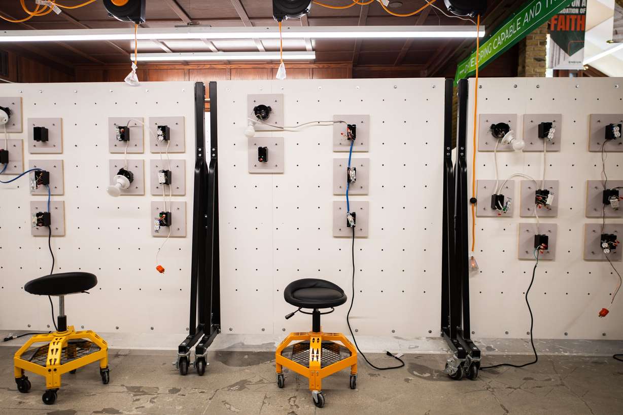 Practice boards at an Ensign College open house celebrating the opening of its new electrical training program at the Vocational Technical Center in Salt Lake City on Friday.