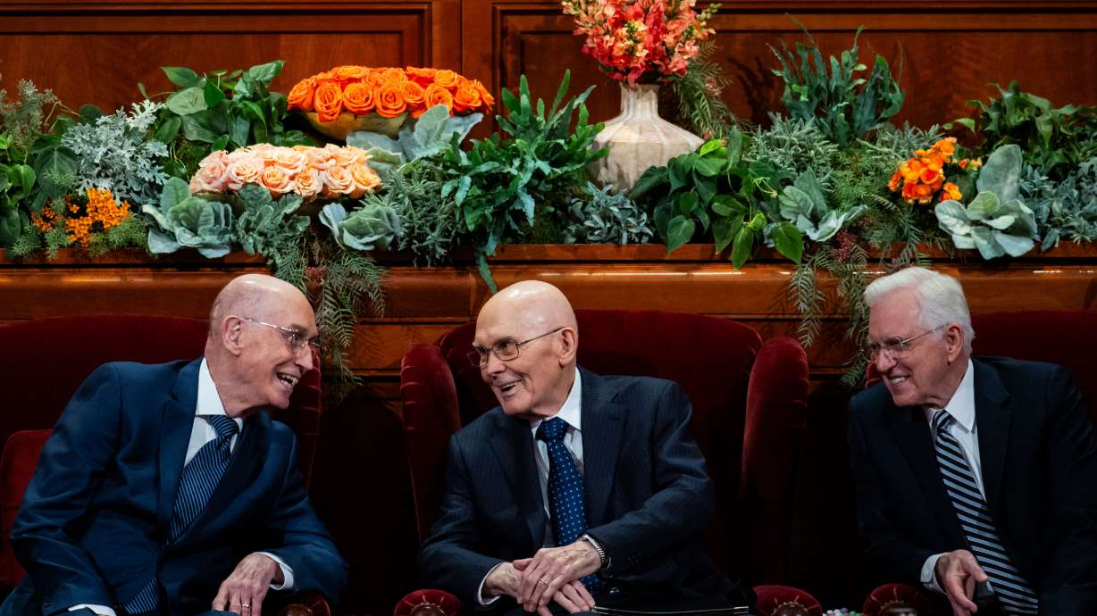 President Henry B. Eyring, President Dallin H. Oaks and President D. Todd Christofferson talk before the Saturday afternoon session of the 196th Semiannual General Conference of The Church of Jesus Christ of Latter-day Saints at the Conference Center.