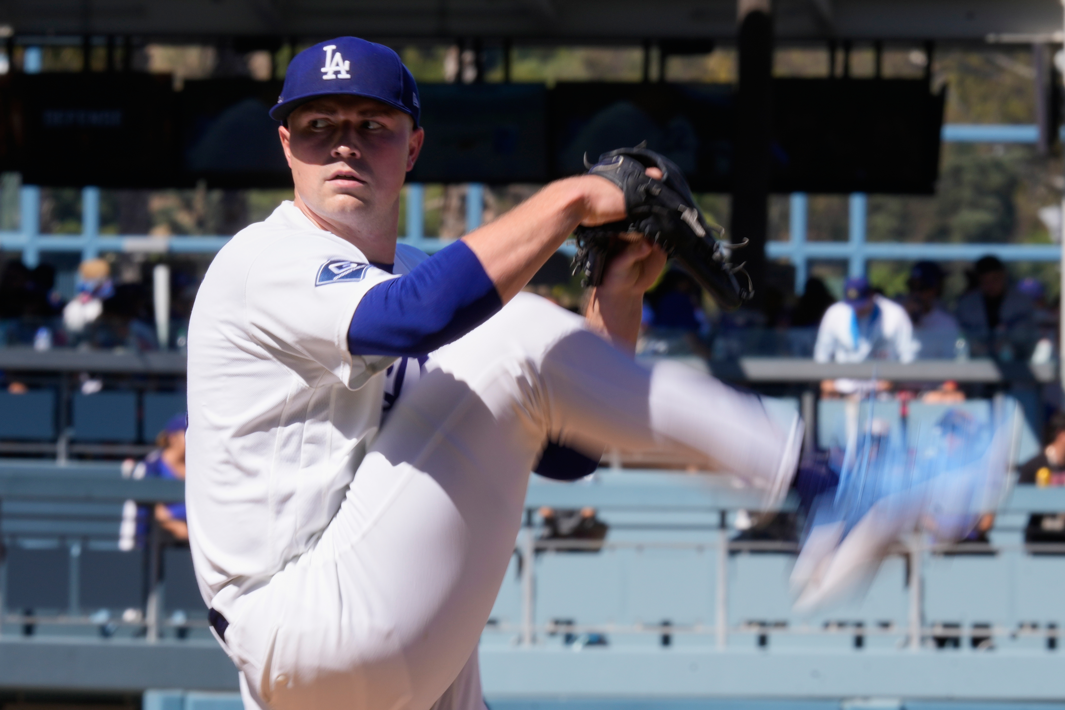 Los Angeles Dodgers starting pitcher Tarik Skubal works against an Atlanta Braves batter during the first inning of Game 1 of a National League Division Series baseball game Saturday, Oct. 3, 2026, in Los Angeles. 