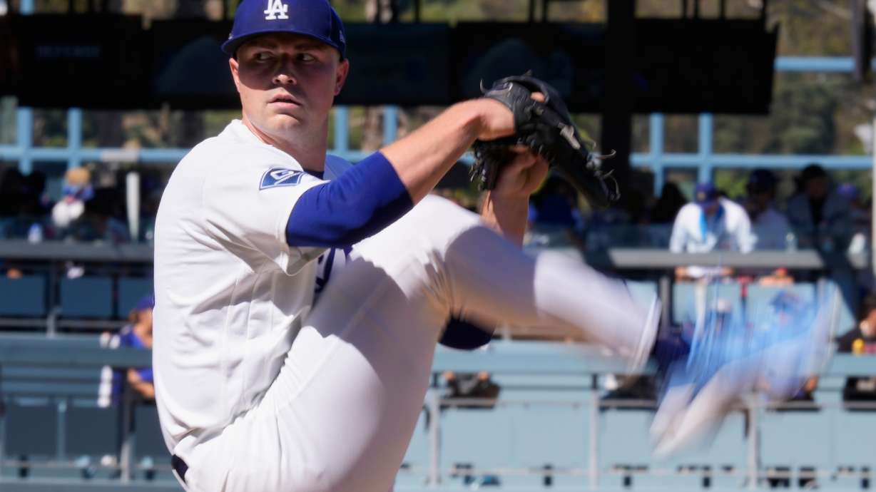 Los Angeles Dodgers starting pitcher Tarik Skubal works against an Atlanta Braves batter during the first inning of Game 1 of a National League Division Series baseball game Saturday, Oct. 3, 2026, in Los Angeles.