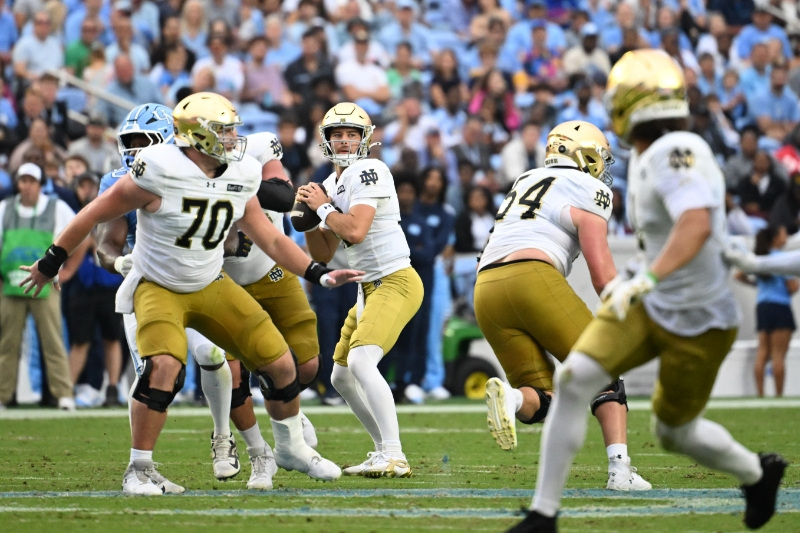Oct 3, 2026; Chapel Hill, North Carolina, USA; Notre Dame Fighting Irish quarterback CJ Carr (13) looks to pass in the first quarter at Kenan Stadium.