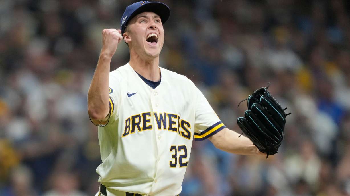 Milwaukee Brewers' Jacob Misiorowski reacts after striking out San Diego Padres' Luis Campusano during the fourth inning in Game 1 of a National League Divisional baseball playoff series Saturday, Oct. 3, 2026, in Milwaukee.