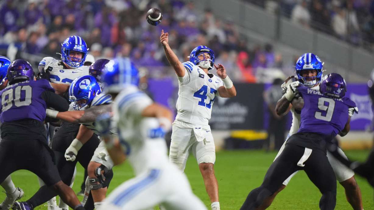 BYU quarterback Bear Bachmeier (47) passes the ball during the second half of an NCAA college football game against TCU, Saturday, Oct. 3, 2026, in Fort Worth, Texas.