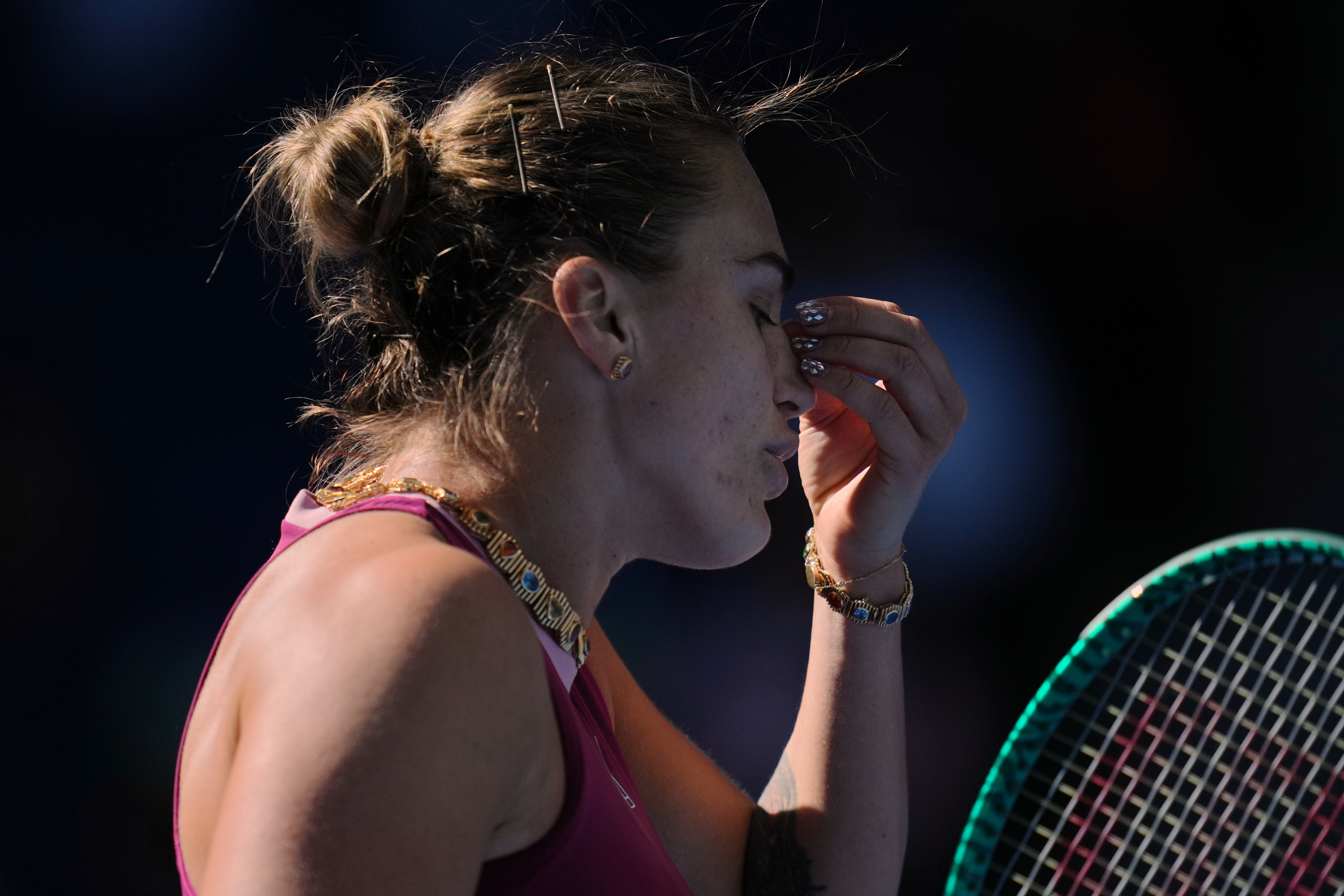 Aryna Sabalenka, of Belarus, reacts during the third round of the women's singles match against Nikola Bartunkova, of the Czech Republic, at the China Open tennis tournament in Beijing, Sunday, Oct. 4, 2026. 