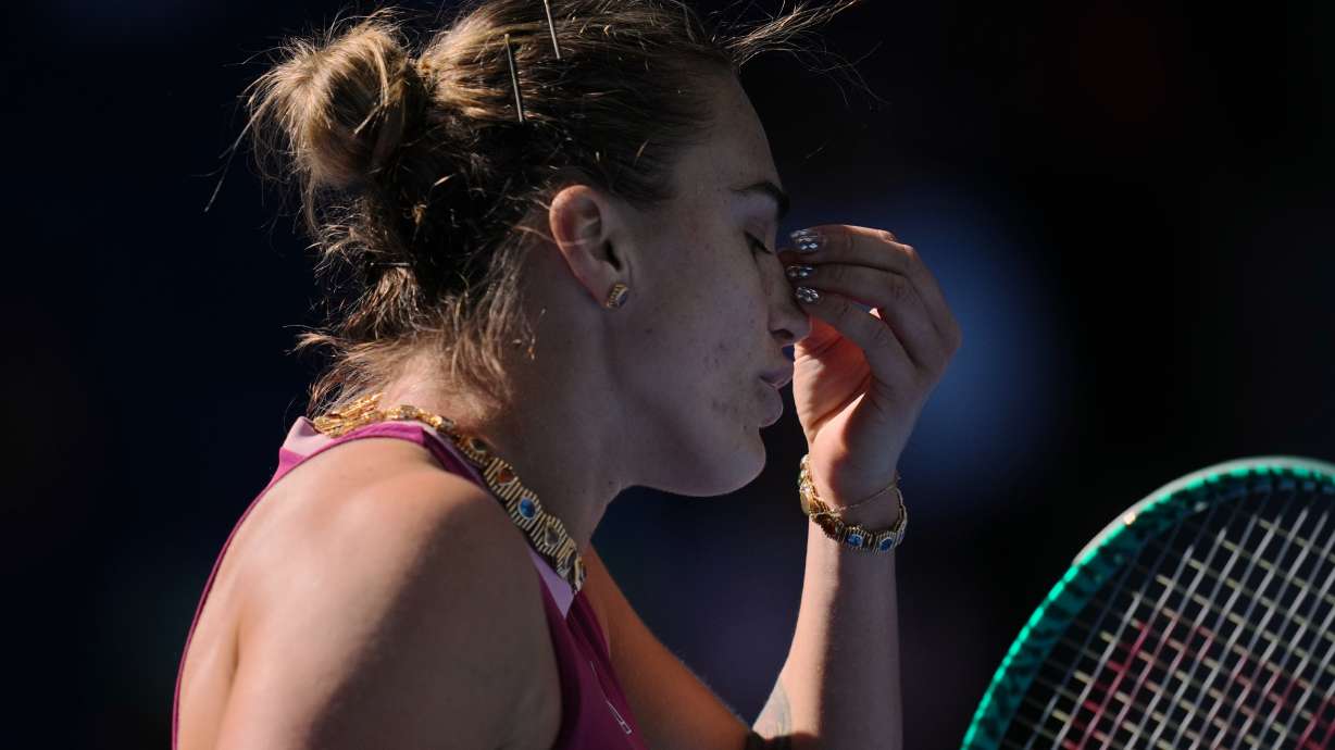 Aryna Sabalenka, of Belarus, reacts during the third round of the women's singles match against Nikola Bartunkova, of the Czech Republic, at the China Open tennis tournament in Beijing, Sunday, Oct. 4, 2026.