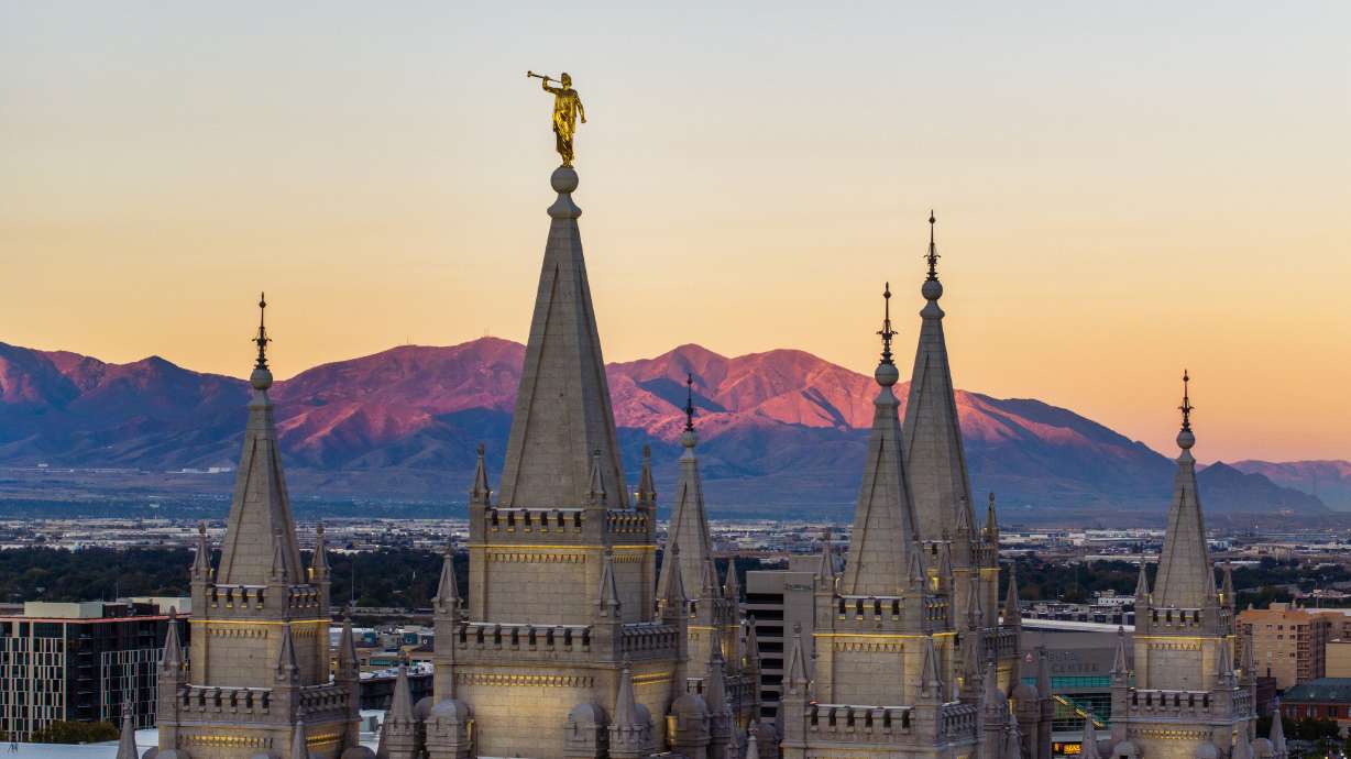 The Salt Lake Temple is lit at dawn ahead of the 196th Semi-Annual General Conference of The Church of Jesus Christ of Latter-day Saints in Salt Lake City on Sunday.